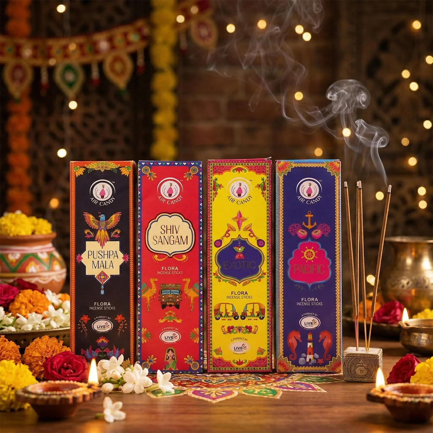 Premium Flora Incense Sticks Combo Pack with 4 Fragrance Variants for Daily Puja & Home Fragrance (4 Packs of 360gm)