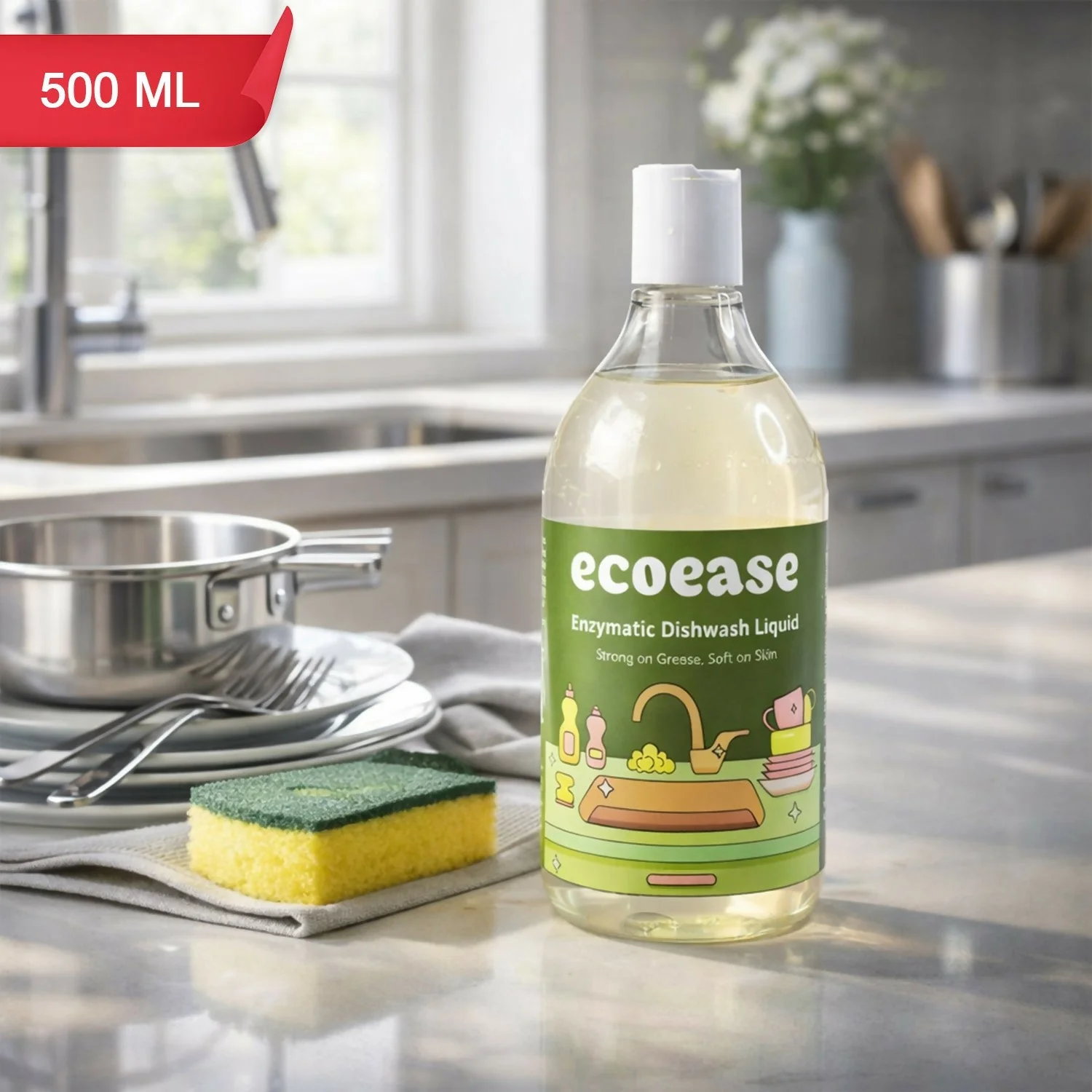 Ecoease Enzymatic Dishwash Liquid, Plant Based Grease Cutting Formula (500 ml)