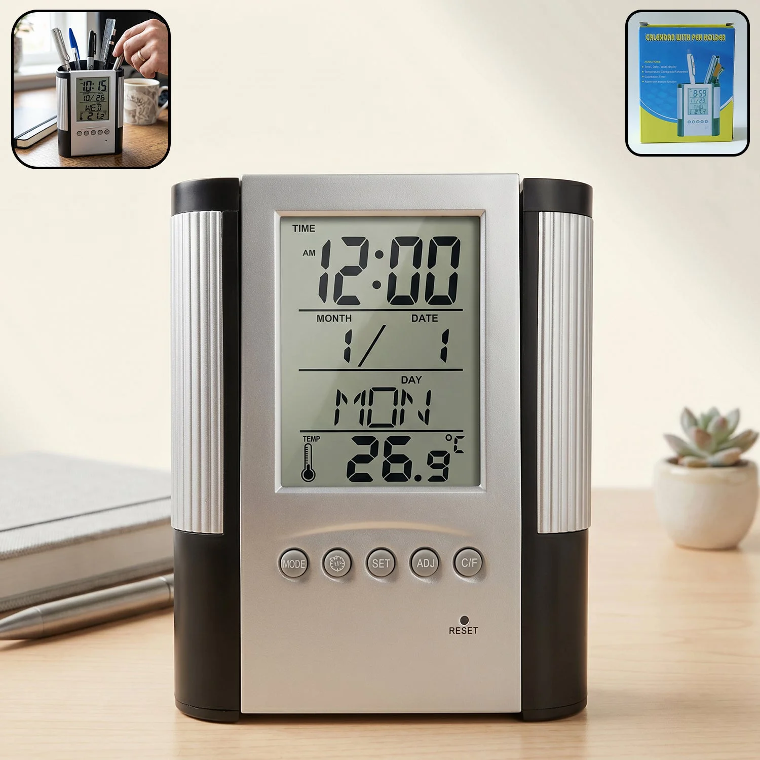 Multifunction Digital Calendar Desk Clock with Pen Holder (1 Pc)
