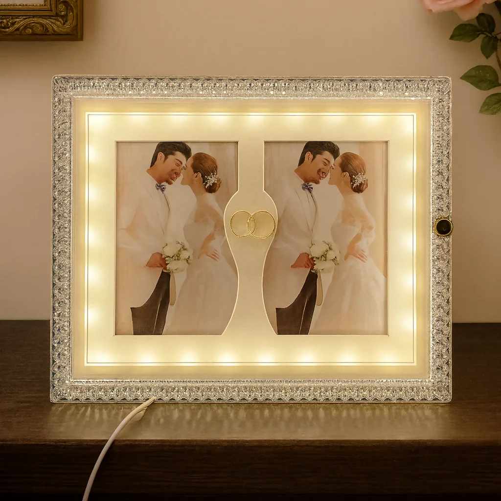 Crystal LED Wedding Photo Frame with Double Photo Slots & Golden Ring Symbol | Sparkling Diamond Border Light-Up Frame for Couple Portraits | Anniversary, Engagement & Romantic Gift Home Décor