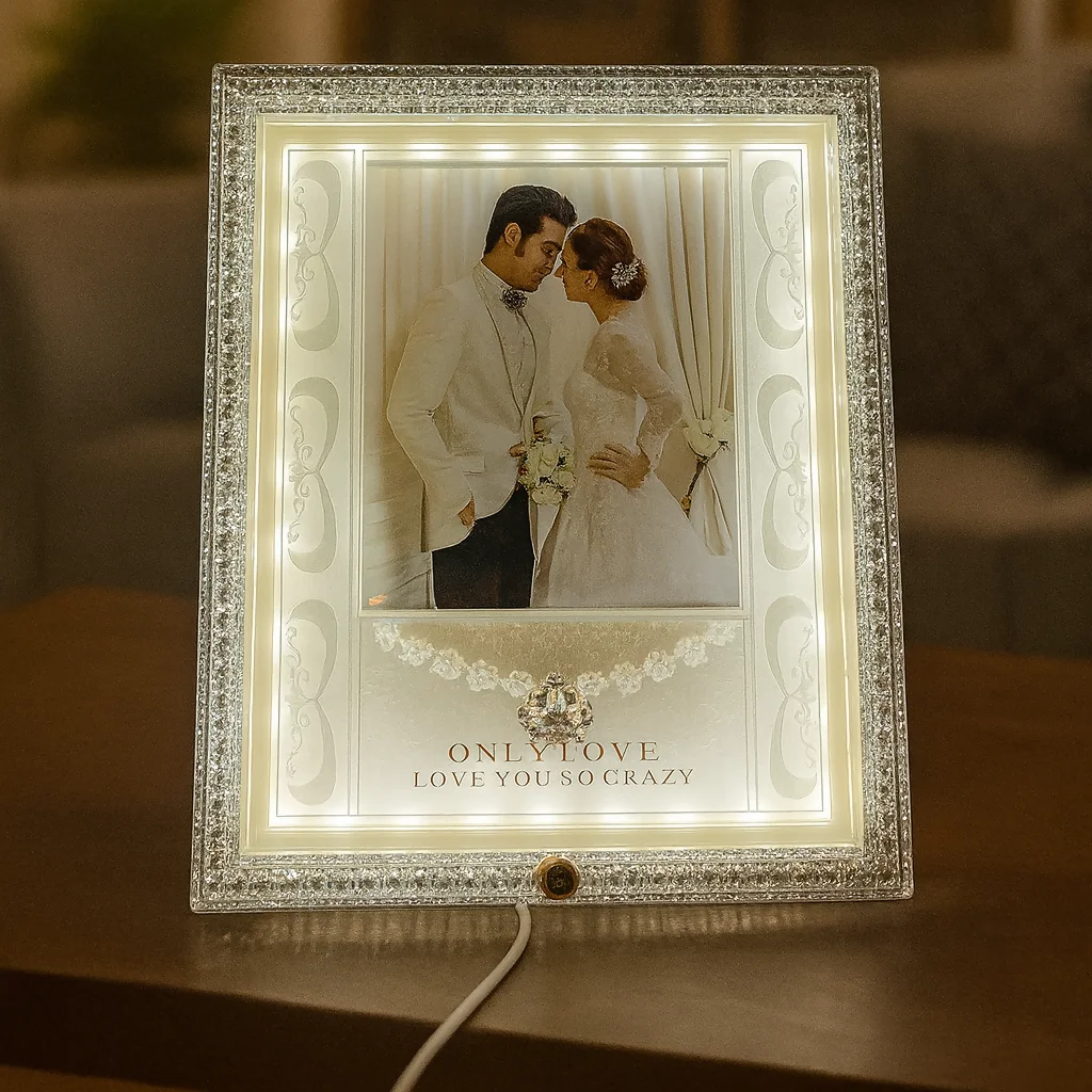 Square White LED Wedding Photo Frame | Elegant Crystal Design with Glowing White Lights | 4x6 Inch Couple Picture Frame | Romantic Gift for Wedding, Anniversary, Valentine’s Day & Home Decoration
