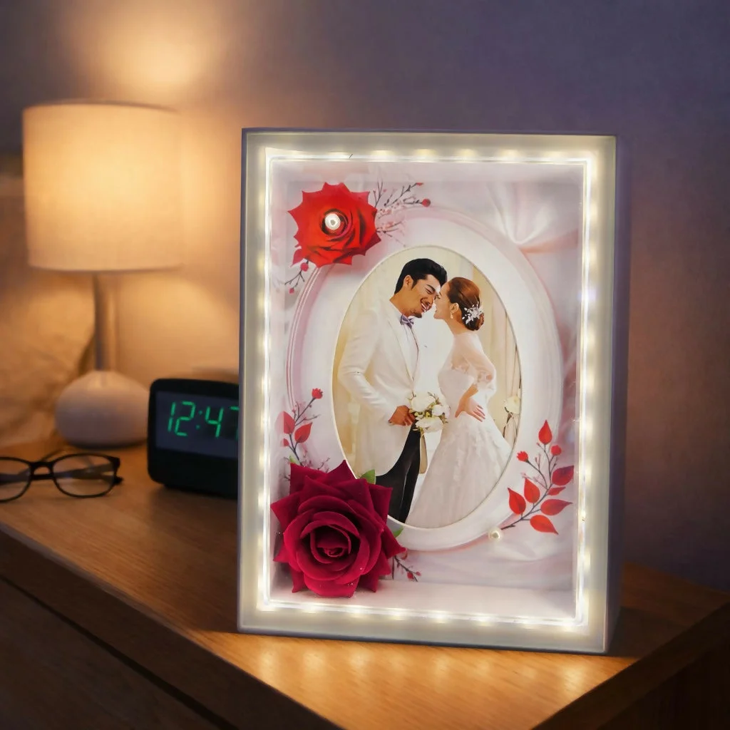 LED Photo Frame with Decorative Flower Design Tabletop Gift Frame ( Design may vary a little)