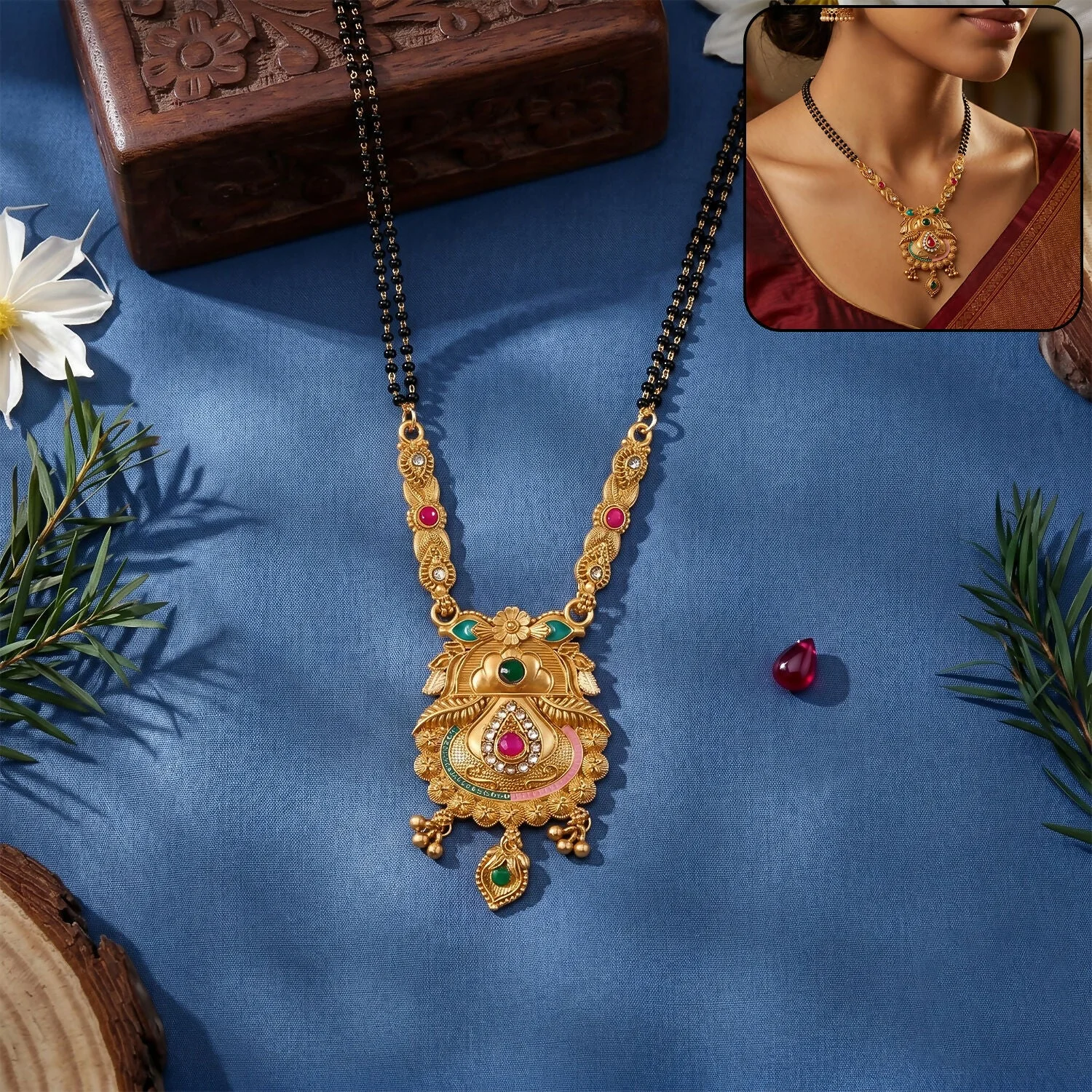 Antique Finish Kalash Pot Pendant with Green & Pink Enamel Double Strand Mangalsutra