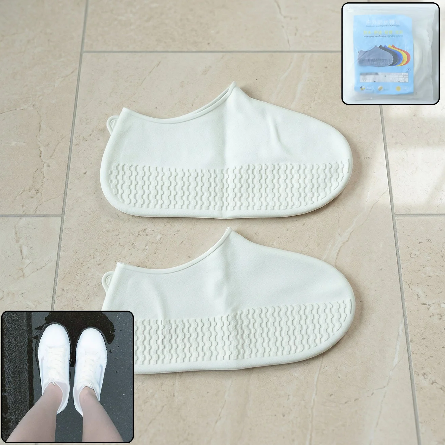 Waterproof Silicone Shoe Cover White Color (1 Pair, Medium Size)