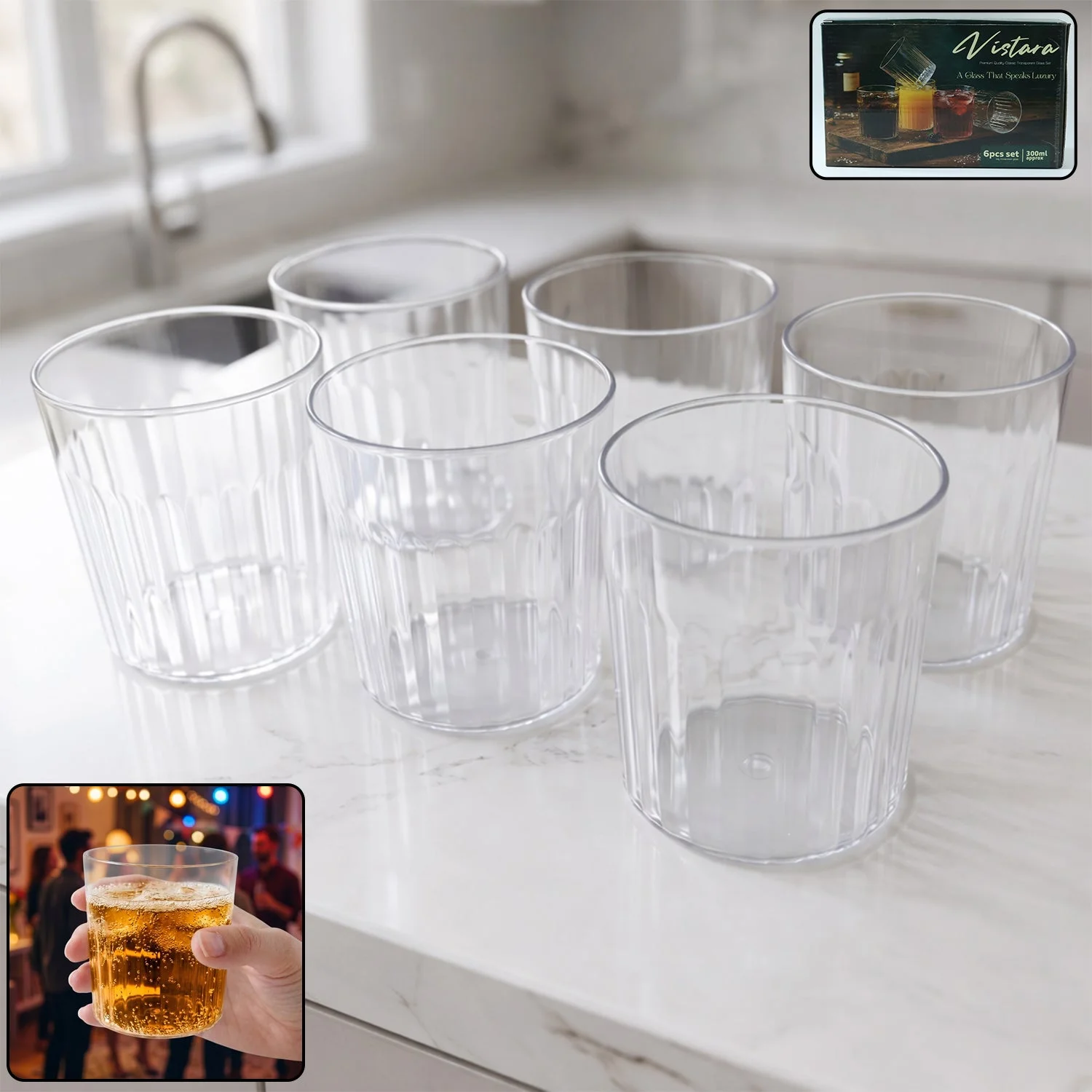 Premium Transparent Drinking Glass Set (6 Pc Set, 300 ML Approx)