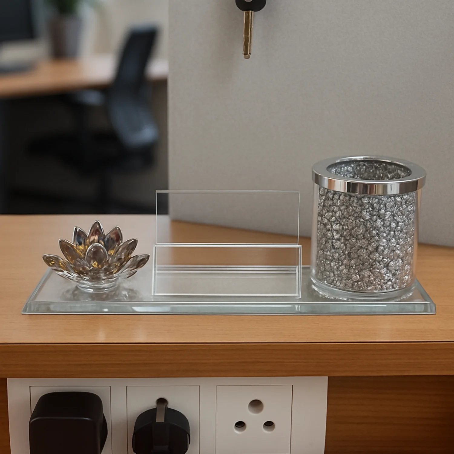 Luxury Glass Pen Stand and Card Holder with Crystal Lotus & Glitter Decor