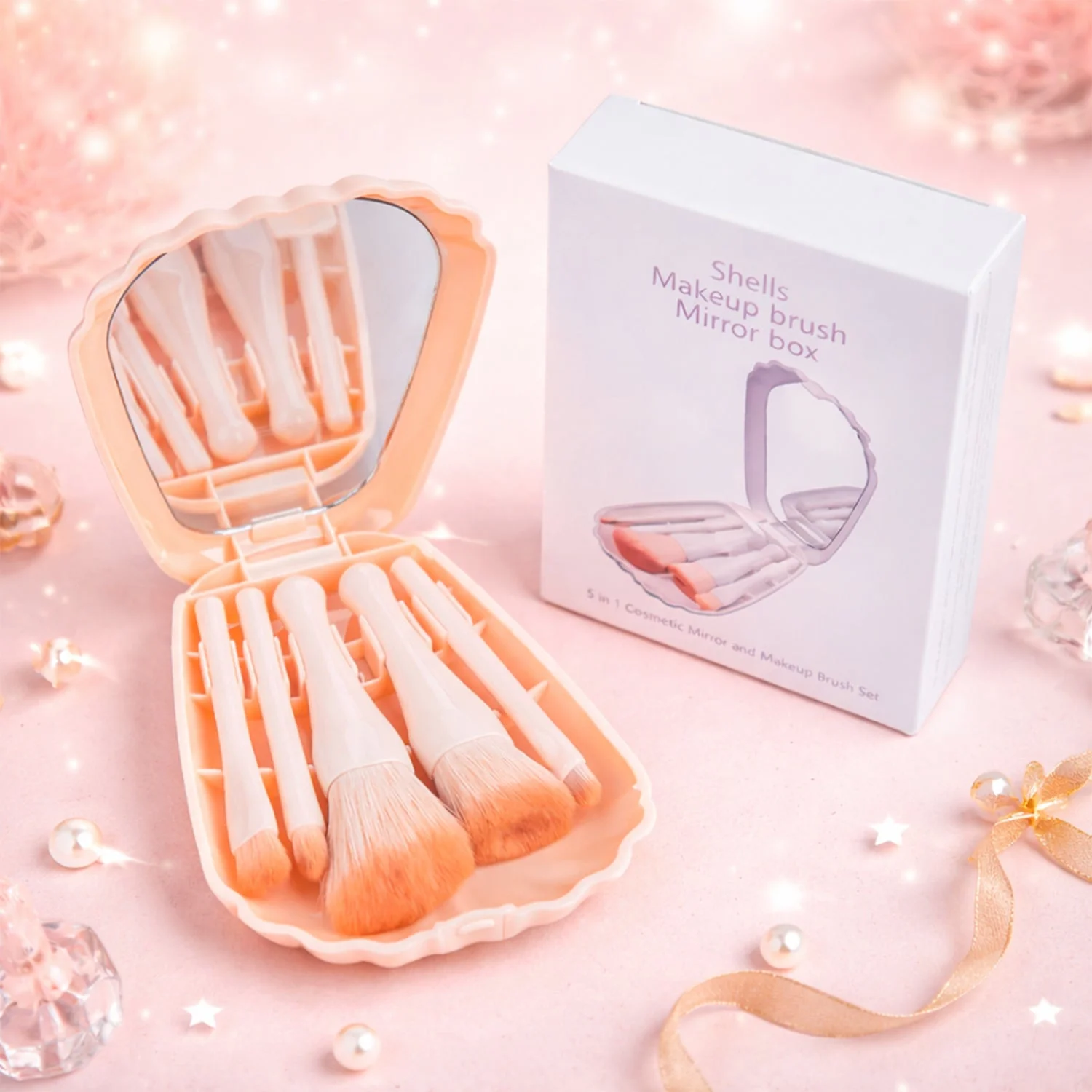 5 in 1 Makeup Brush Set with Mirror Box – Compact Cosmetic Kit