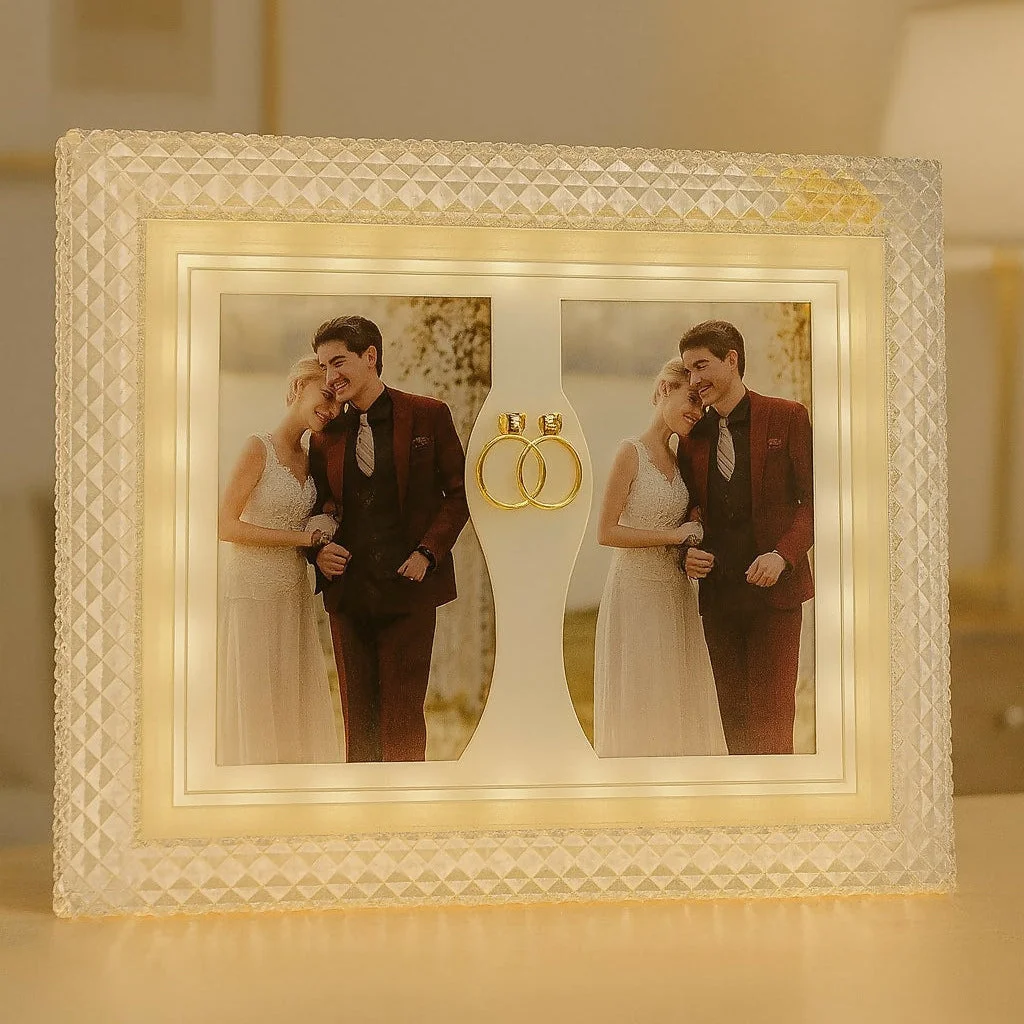 Luxury Double Photo LED Wedding Frame with Crystal Edge and Golden Ring Decor