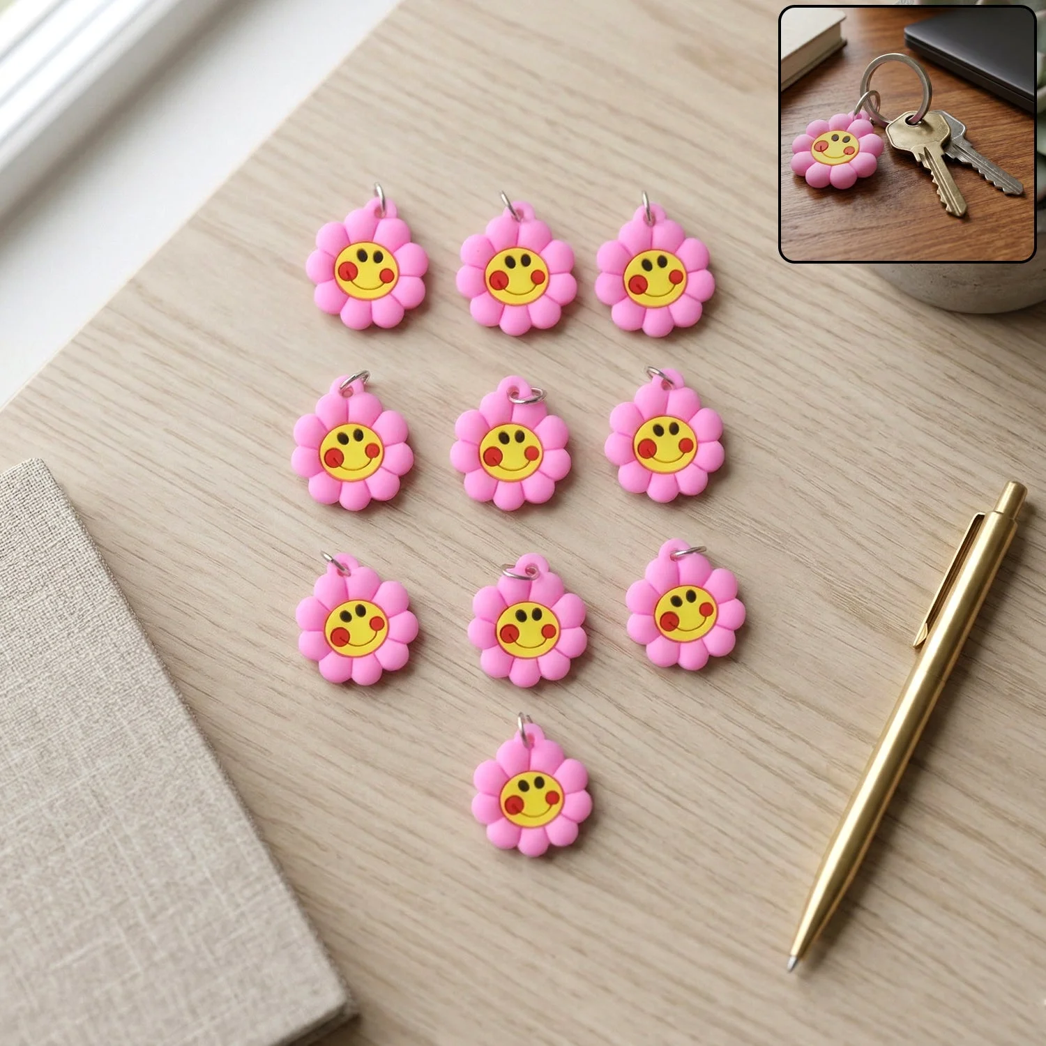 Cute Smiley Flower Shape Bag Charm Keychain Set (10 Pc)