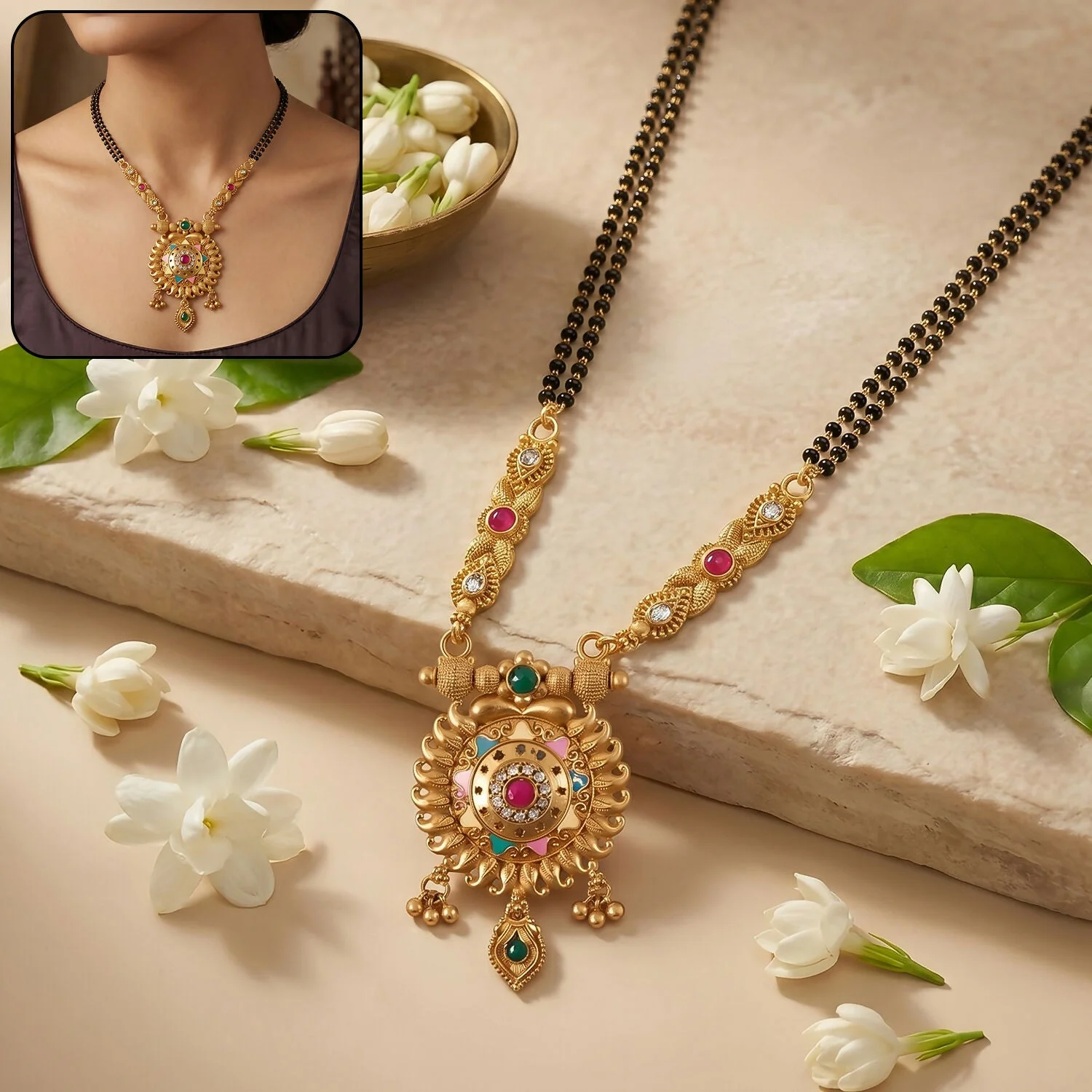 Antique Finish Sun Wheel Pendant with Multi-Petal Enamel Double Strand Mangalsutra