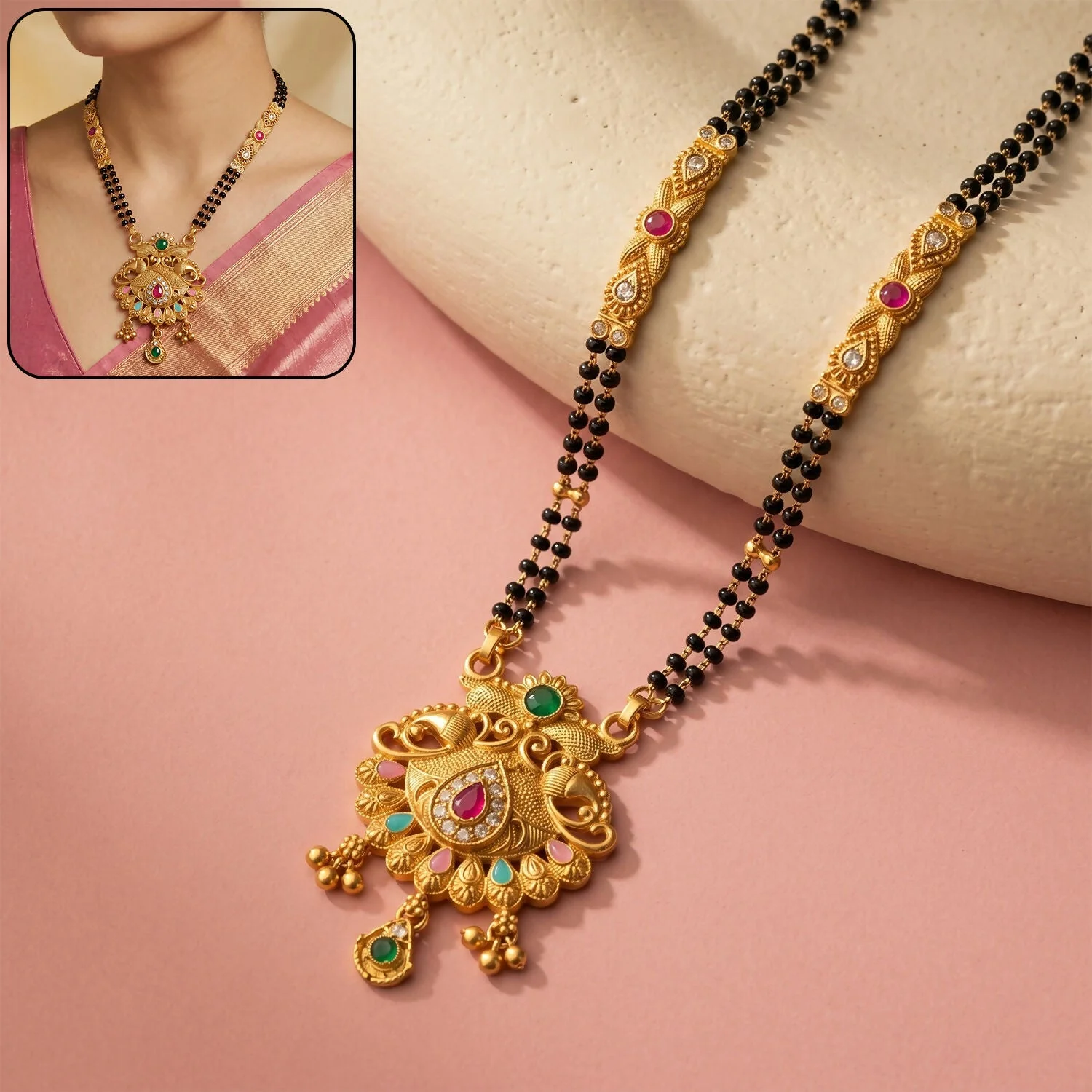 Mirrored Twin Peacock Pendant with Pastel Drop Long Double Strand Mangalsutra