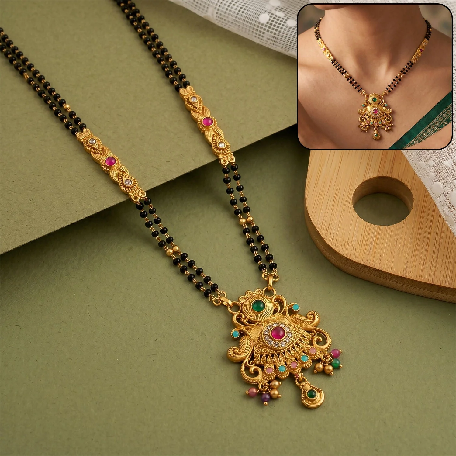 Antique Finish Sunburst Filigree Pendant with Rainbow Bead Cascade Double Strand Mangalsutra