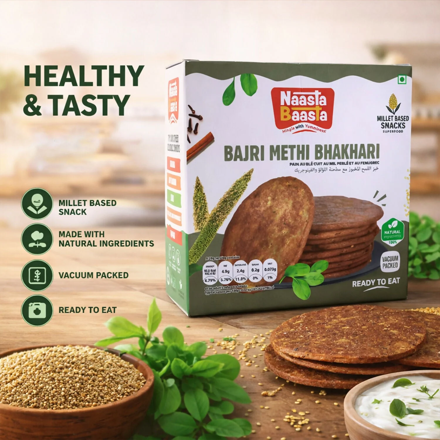 Naasta Baasta Bajri Methi Bhakhari – Millet Based Ready to Eat Snack, Natural Ingredients (200 Gm)