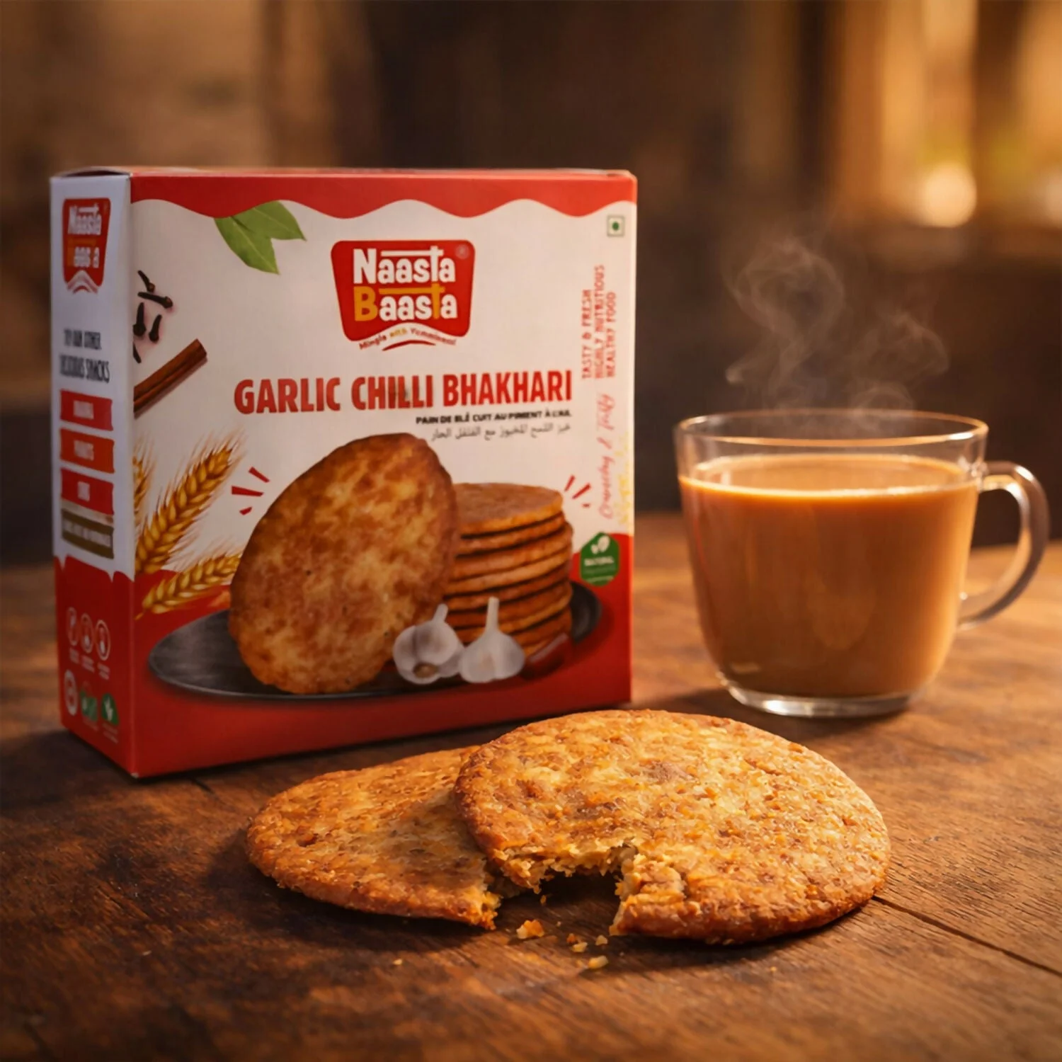 Naasta Baasta Garlic Chilli Bhakhari Ready-to-Eat Crispy Wheat Snack (200 Gm)