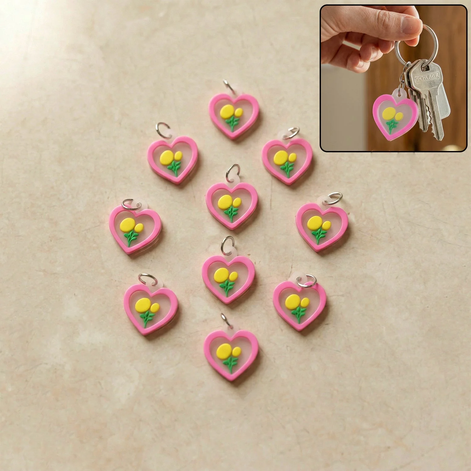Cute Heart Flower Design Bag Charm Keychain Set (10 Pc)