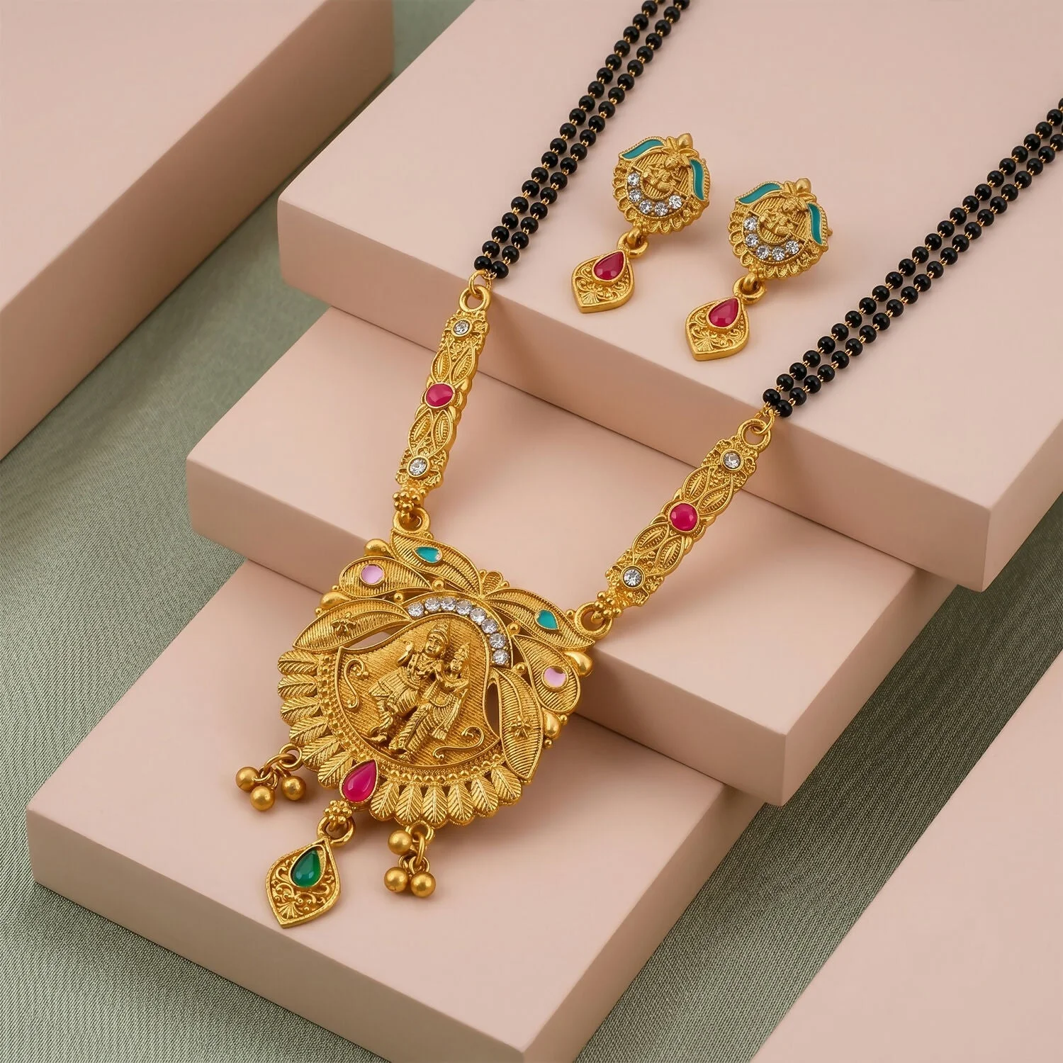 Antique Finish Radha Krishna Deity Oval Pendant with Crescent Drop Earring Set Double Strand Mangalsutra