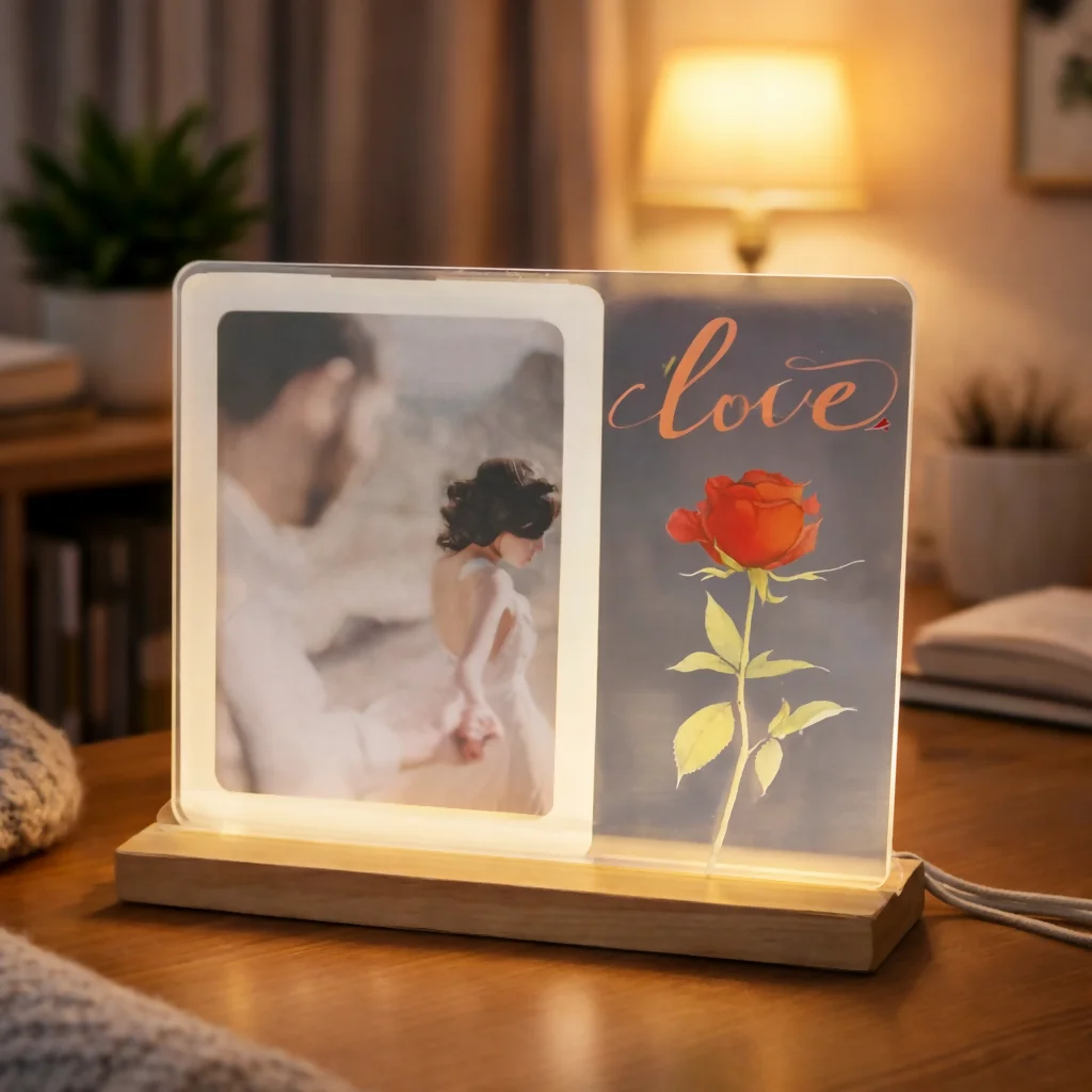 LED Acrylic Photo Frame with Rose Design & Wooden Base Decor