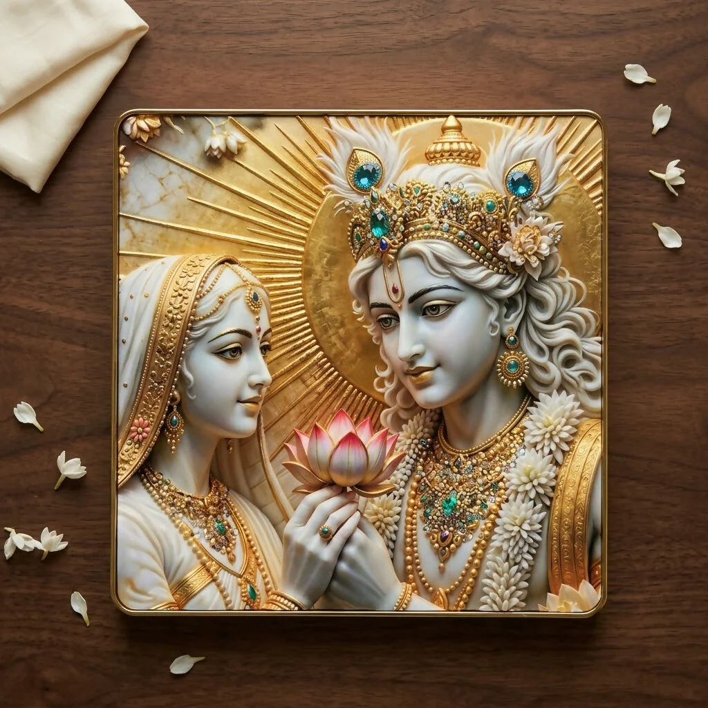 3D Radha Krishna Lotus Theme Crystal Wall Art Decorative Frame (12x12 Inch)