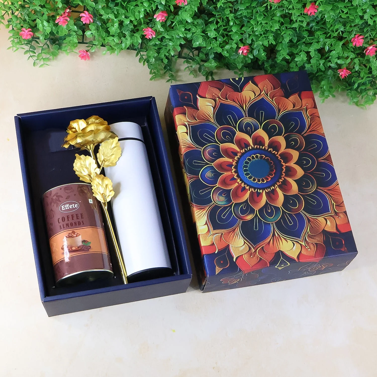 Effete Coffee Almonds Gift Hamper, Golden Rose With Bottle (3 Pc Set), Mix Color