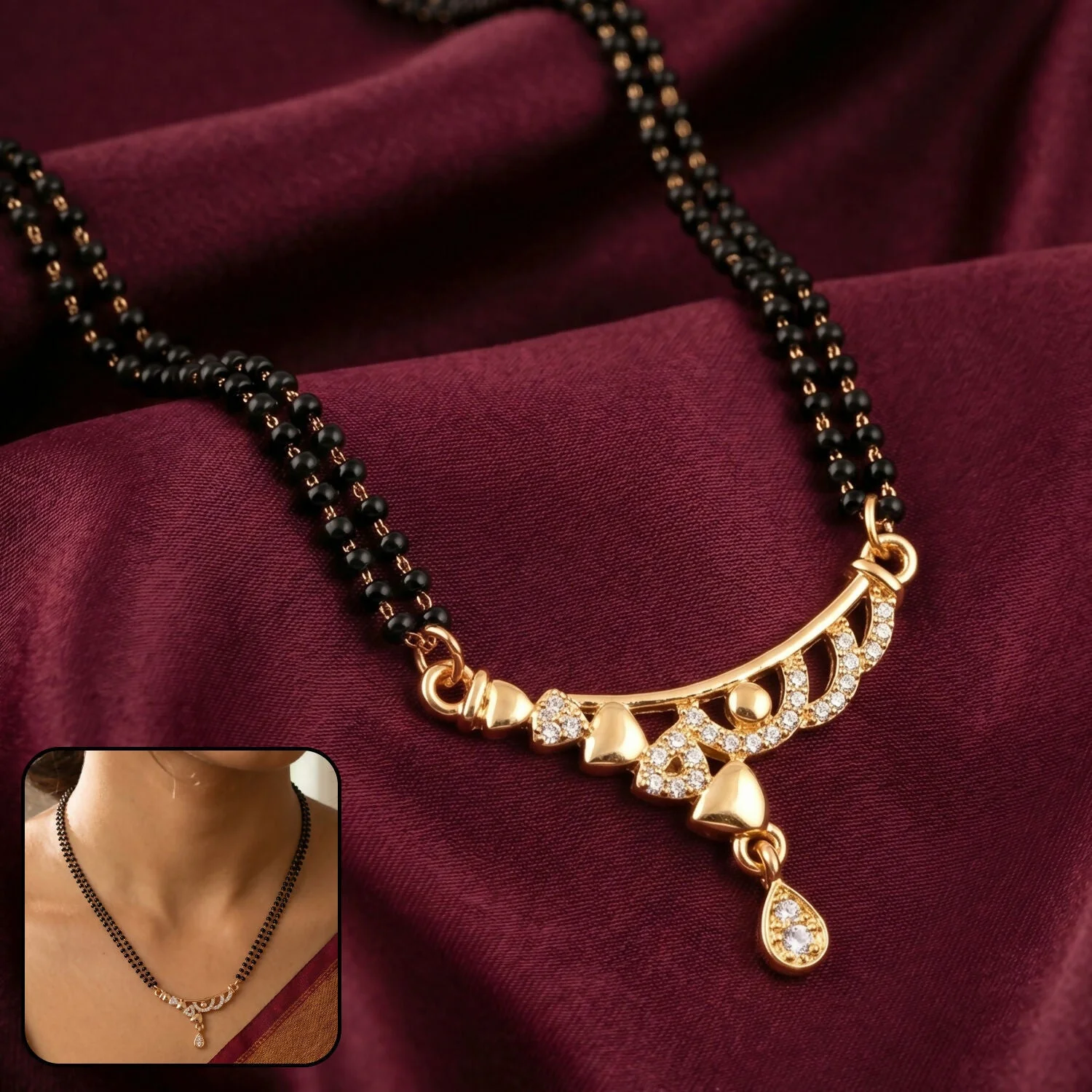 Rose Gold Finish Triple Strand Heart Charms & CZ Bar Mangalsutra with Teardrop Drop