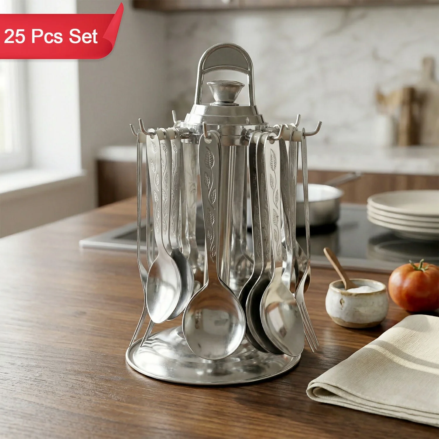 Premium Stainless Steel Cutlery Set with Revolving Stand – 25 Pc Set