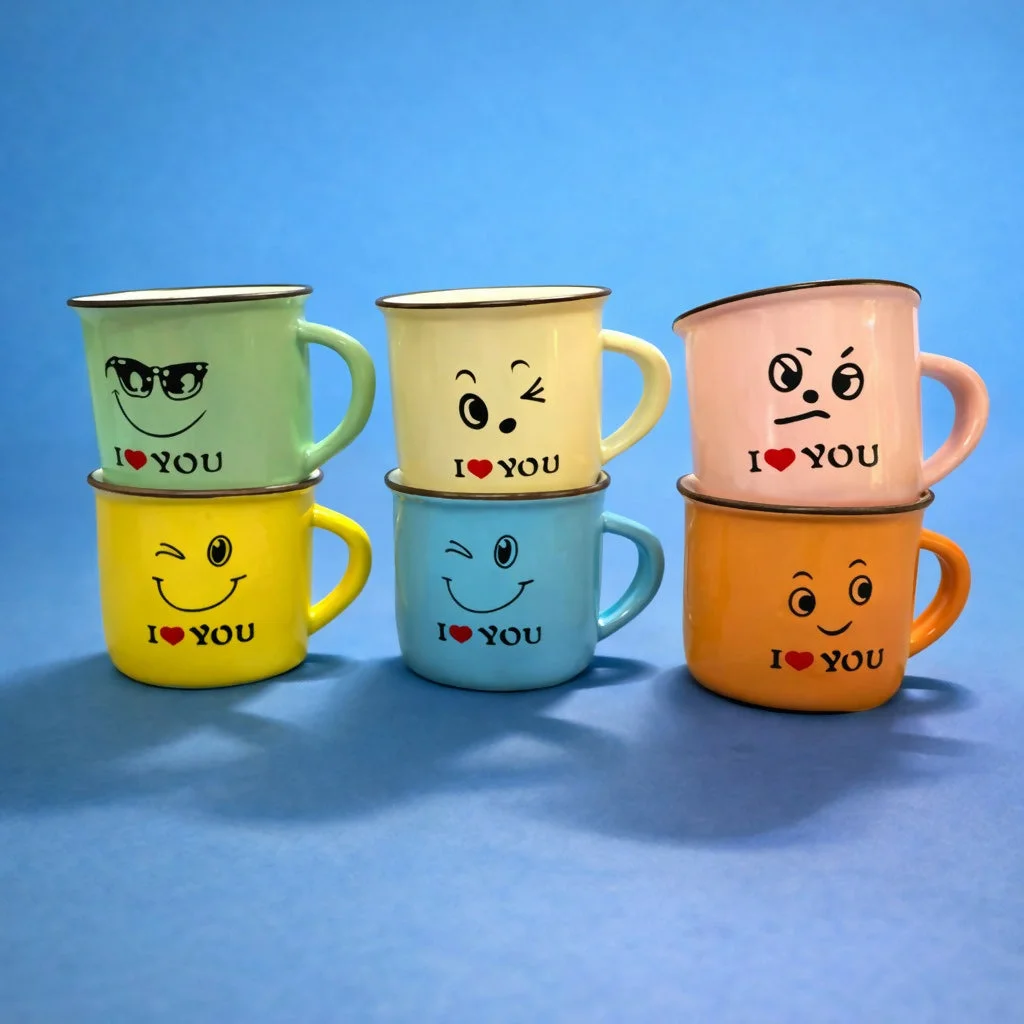 Set of 6 Cute Printed Coffee Mugs with Emoji Design Gift Set