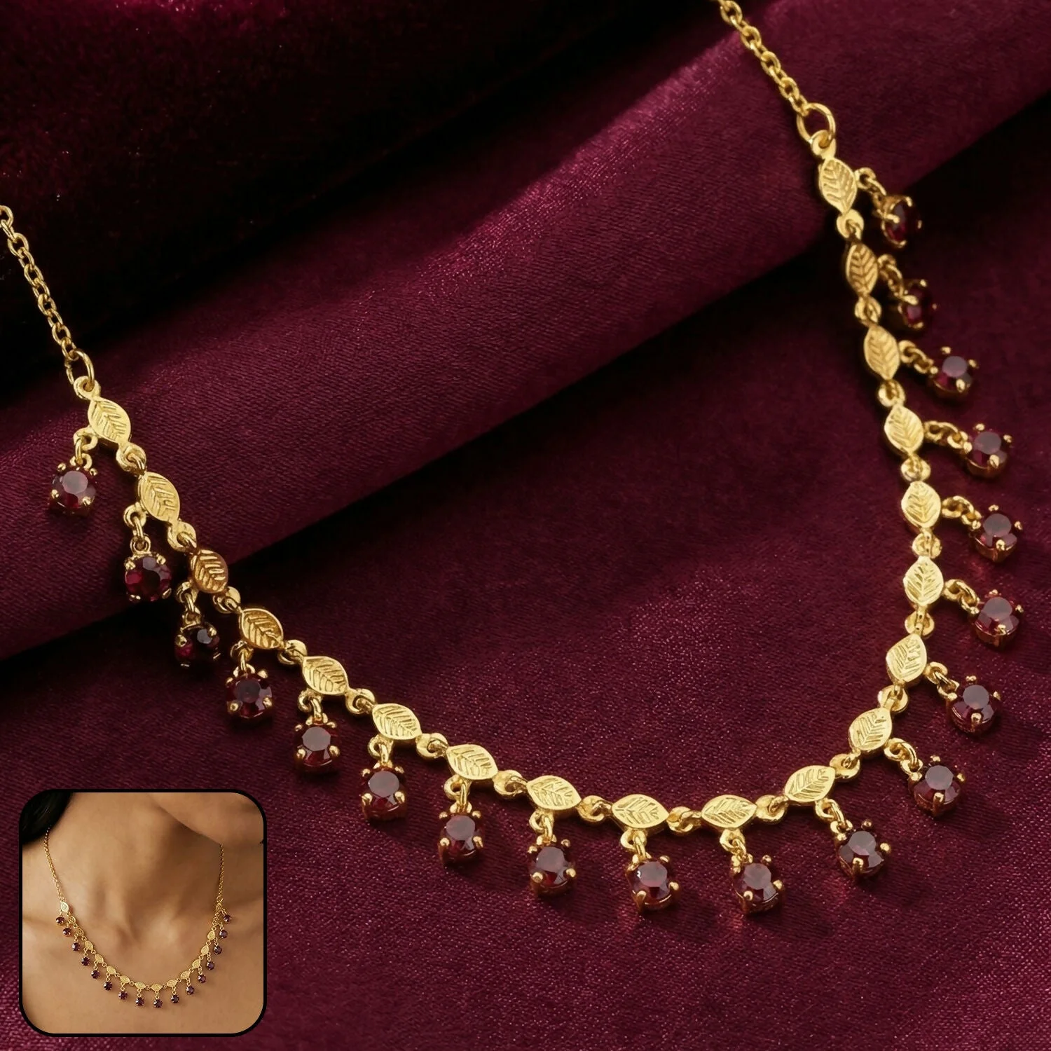 Elegant Gold Plated Leaf Design Necklace with Red Stone Drops for Women
