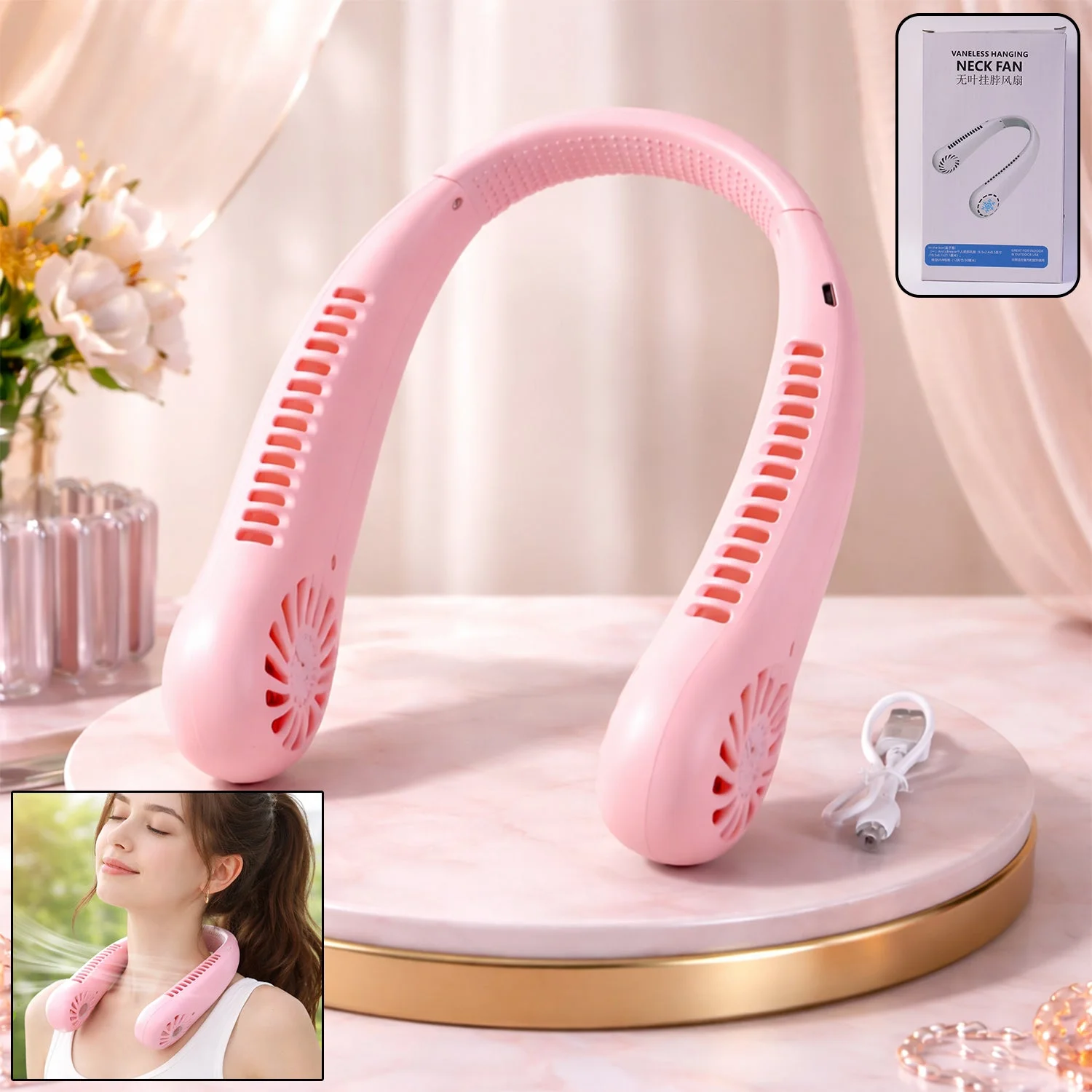 Portable Rechargeable Neck Fan (1 Pc, Pink Color)