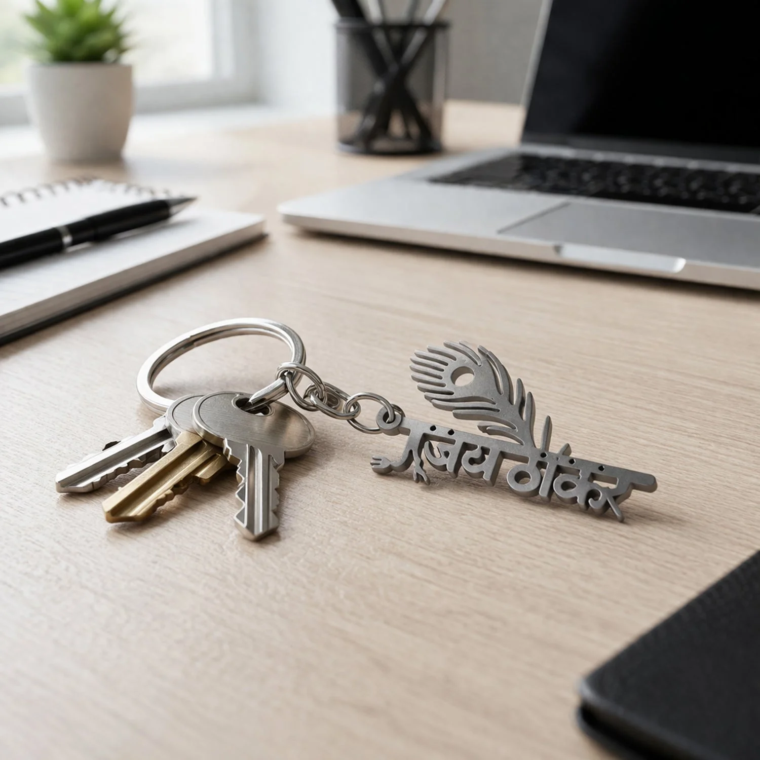 Premium Metal Jay Thakar Peepal Leaf Design Keychain 1 Pc