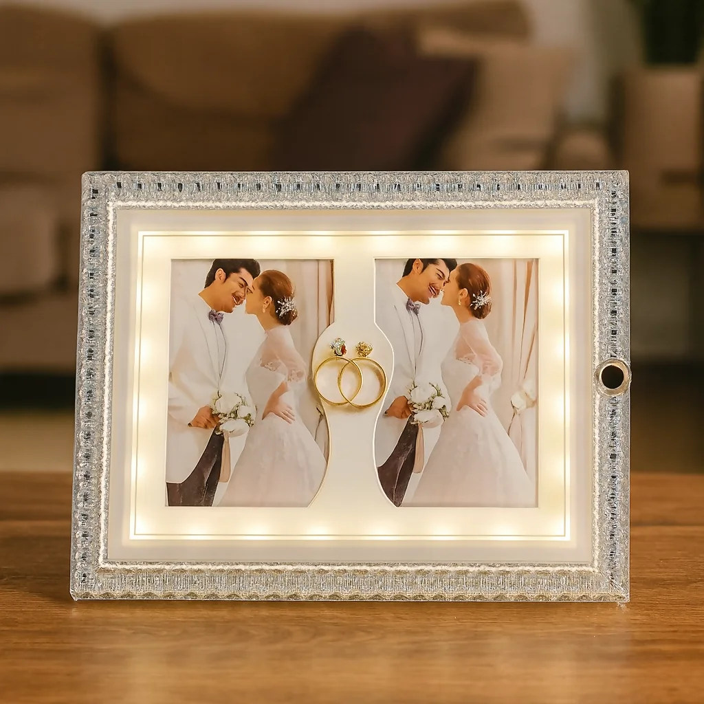 Crystal LED Wedding Photo Frame with Dual Photo Slots & Golden Ring Accent | Luxury Sparkling Diamond-Cut Border | Light-Up Decorative Frame for Couples, Anniversary, Wedding & Romantic Gifts