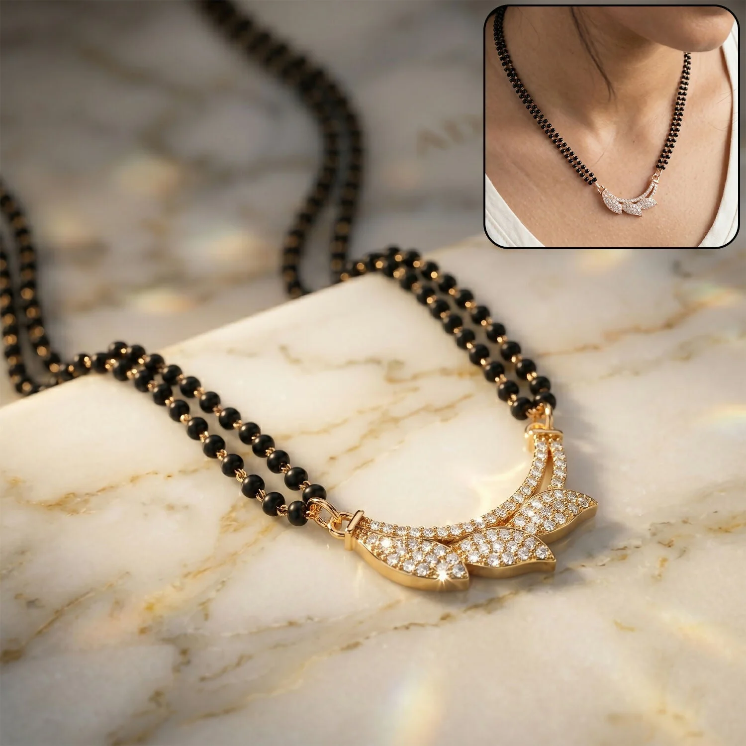 Rose Gold Finish Full CZ Butterfly Wing Pendant Double Strand Mangalsutra