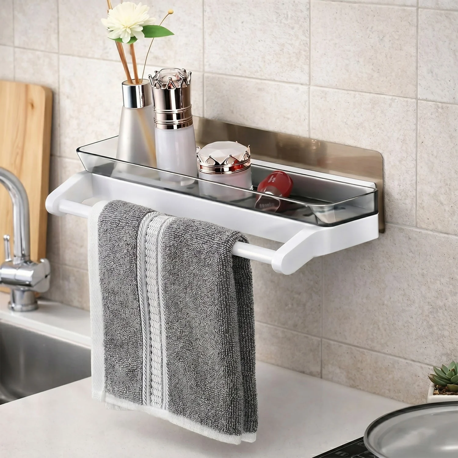 Wall-Mounted Bathroom Storage Shelf with Integrated Towel Holder Rack