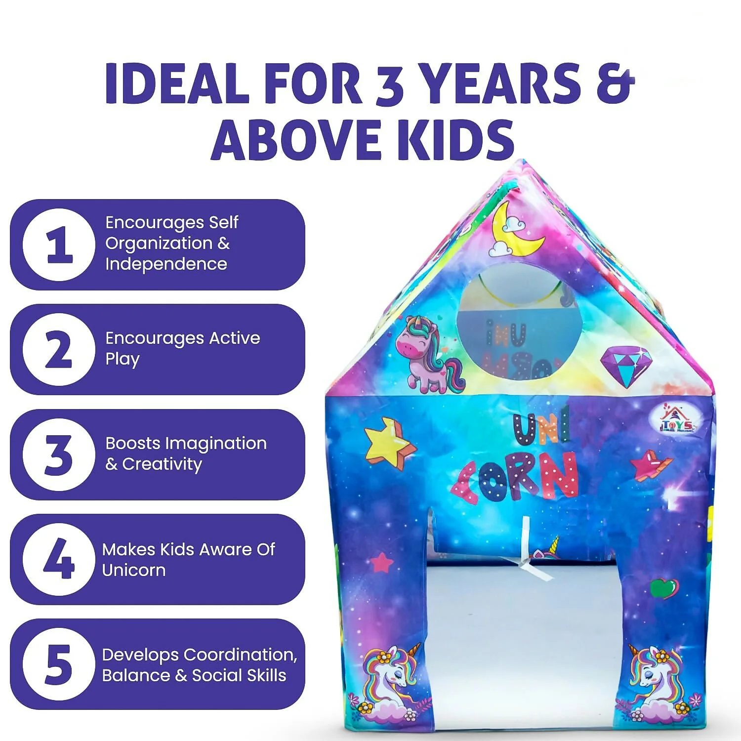 Unicorn Theme Foldable Kids Play Tent House with Colorful Fantasy Print for Indoor & Outdoor Play - 3
