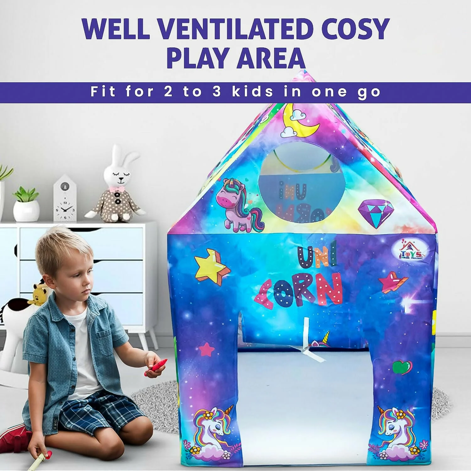 Unicorn Theme Foldable Kids Play Tent House with Colorful Fantasy Print for Indoor & Outdoor Play - 4