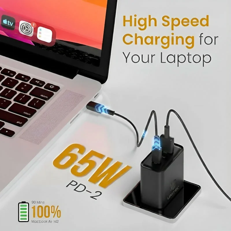 UNITEQ 65W HyperGaN Fast Charger 2 Type-C PD + USB Port Adapter (Black)