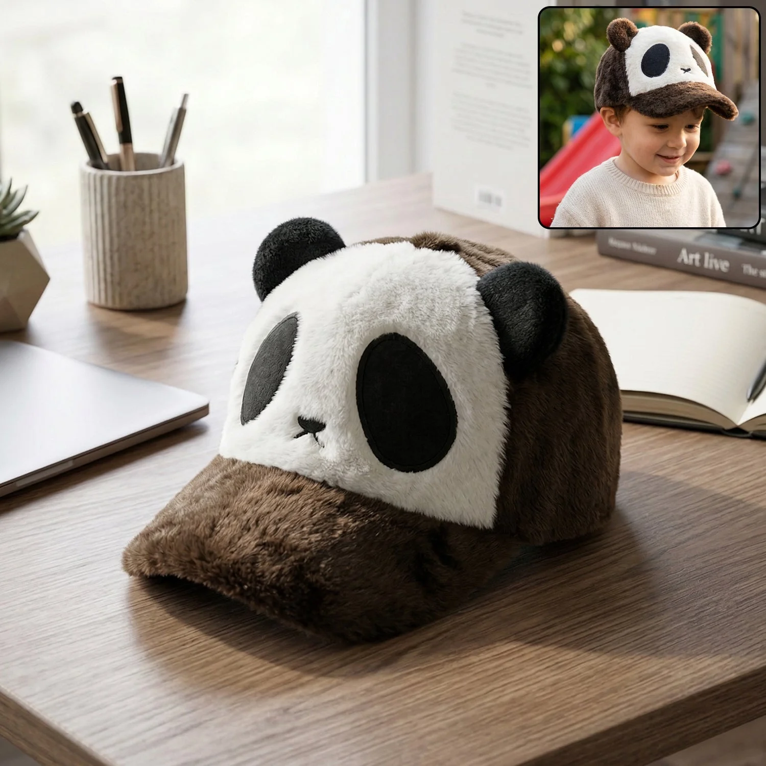 Cute Panda Design Plush Winter Cap (1 Pc)