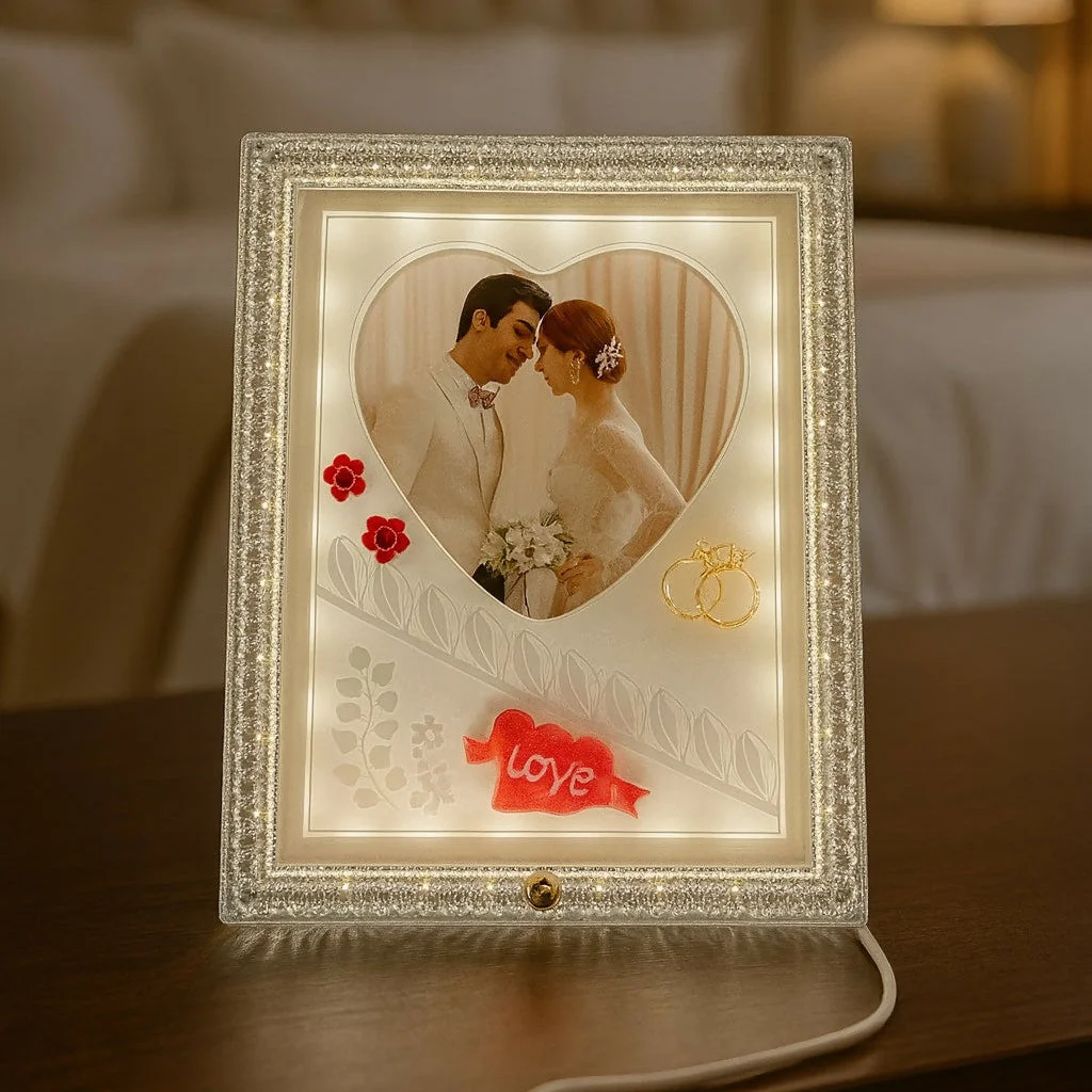 Large Size LED Photo Frame Lamp with Heart Shape & Love Design | Romantic Couple Night Light with Customized Picture | Wedding Anniversary Valentine Gift Decorative Table Lamp for Bedroom & Home Décor
