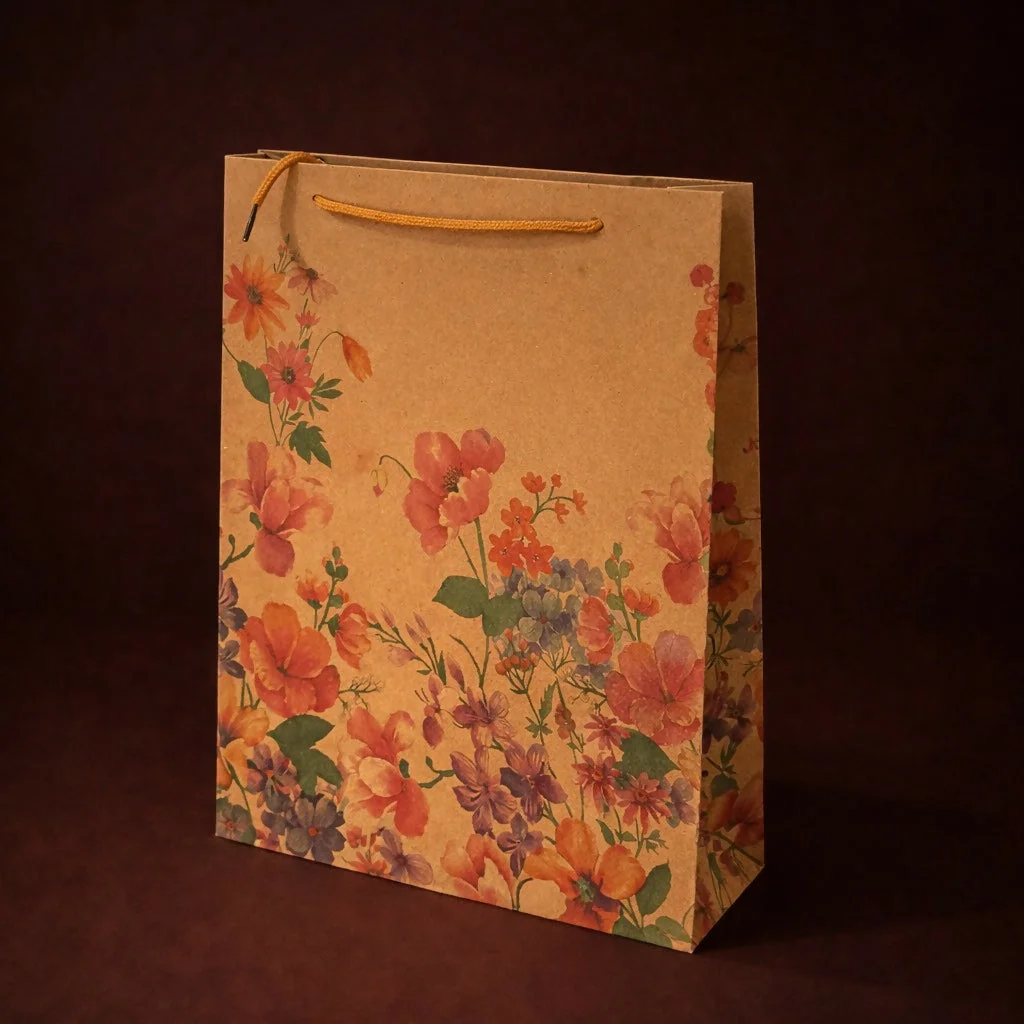 Medium Floral Printed Kraft Gift Bags with Handles Set of 4