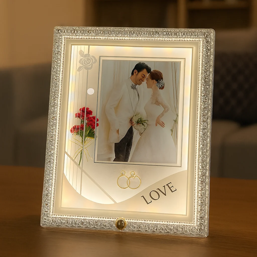 Crystal White LED Wedding Photo Frame | Elegant Square Illuminated Picture Frame with Decorative Floral Design & Rings | 4x6 Inch Couple Photo Frame | Romantic Gift for Wedding, Anniversary, Valentine’s Day & Home Décor