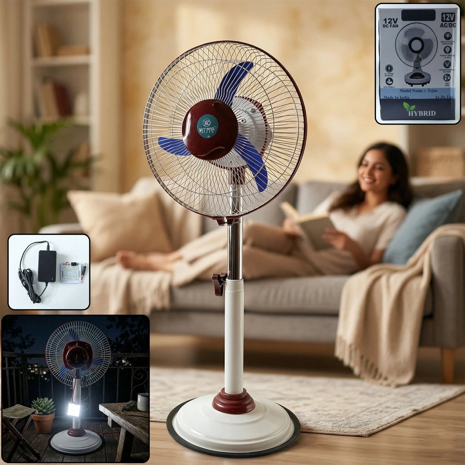 OMEGA 12V Rechargeable Pedestal Fan with LED Light (1 Pc)