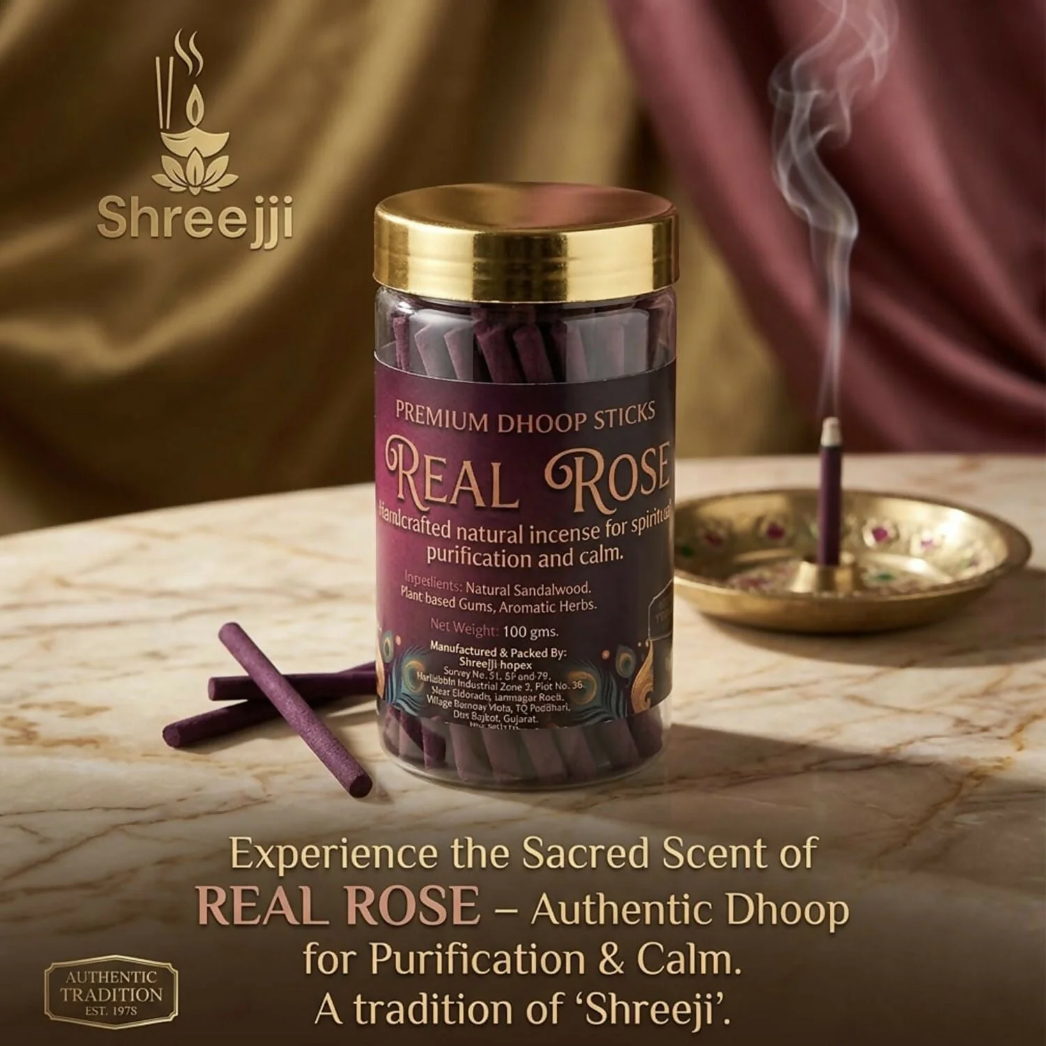 Real Rose Premium Dhoop Sticks Natural Incense Sticks for Spiritual Relaxation & Long Lasting Fragrance (100Gm)