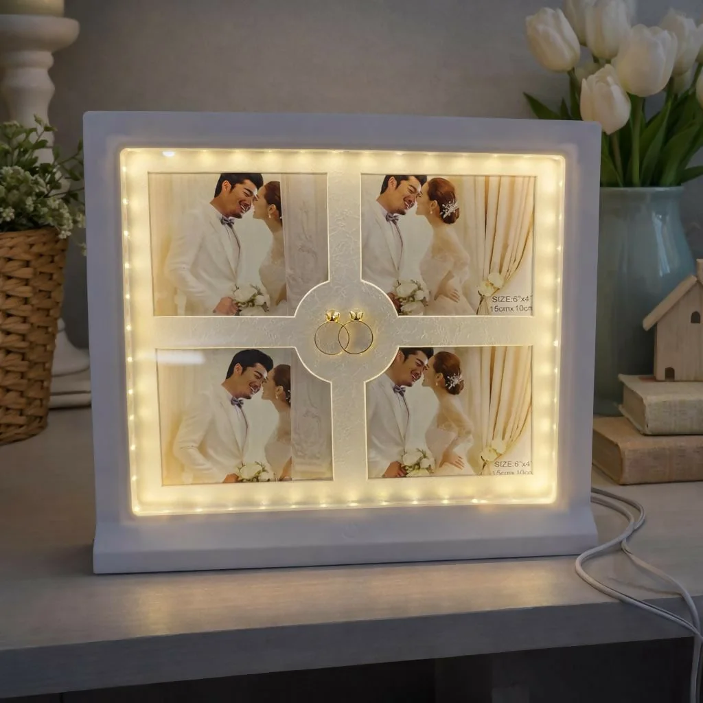 White LED Photo Frame Collage 4 Photo Display Light Decorative Frame