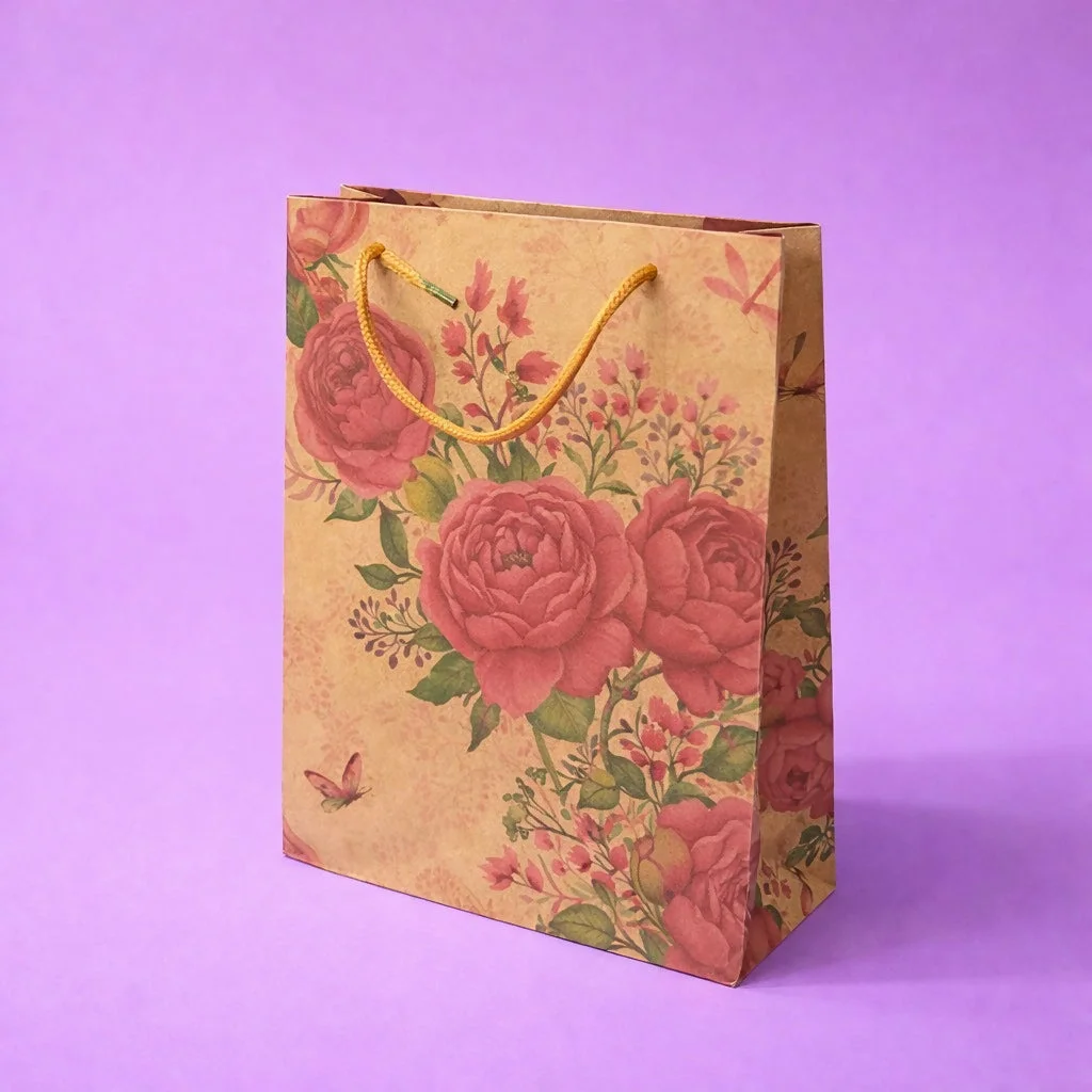 Small Floral Kraft Paper Gift Bags with Rope Handles Set of 4
