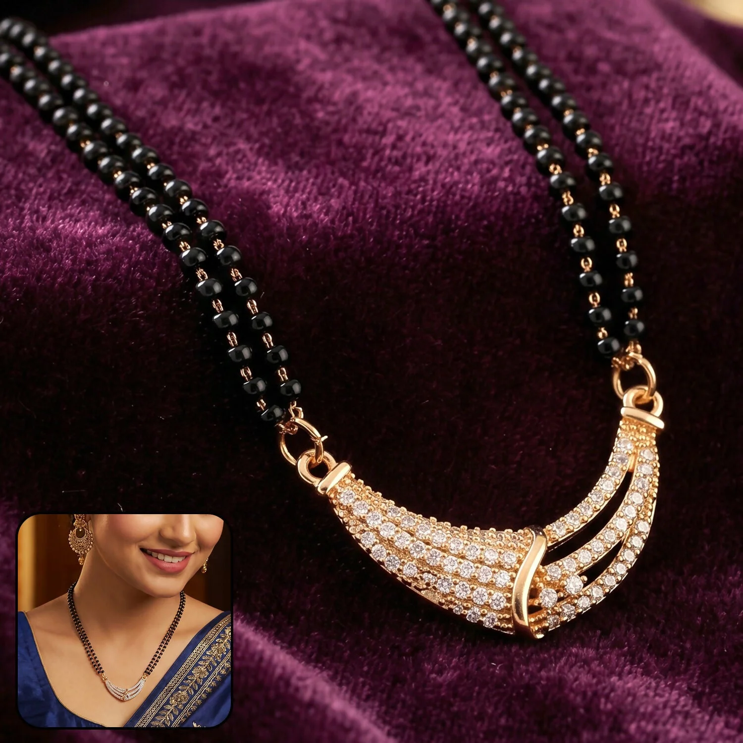 Rose Gold Finish Full CZ Crescent Moon Bar Double Strand Mangalsutra