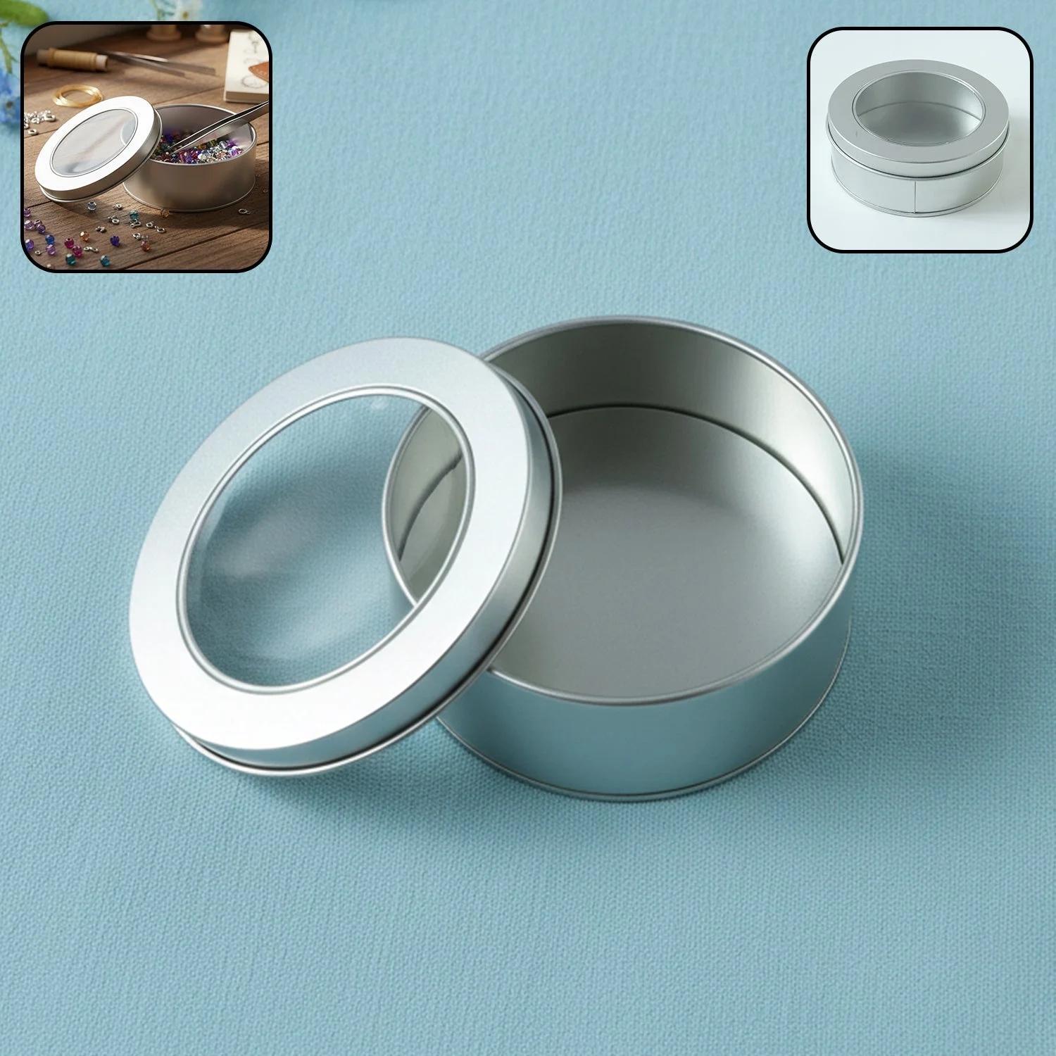 Round Metal Storage Tin Box with Transparent Window Lid (1 Pc, 9.5 x 9.5 Cm)