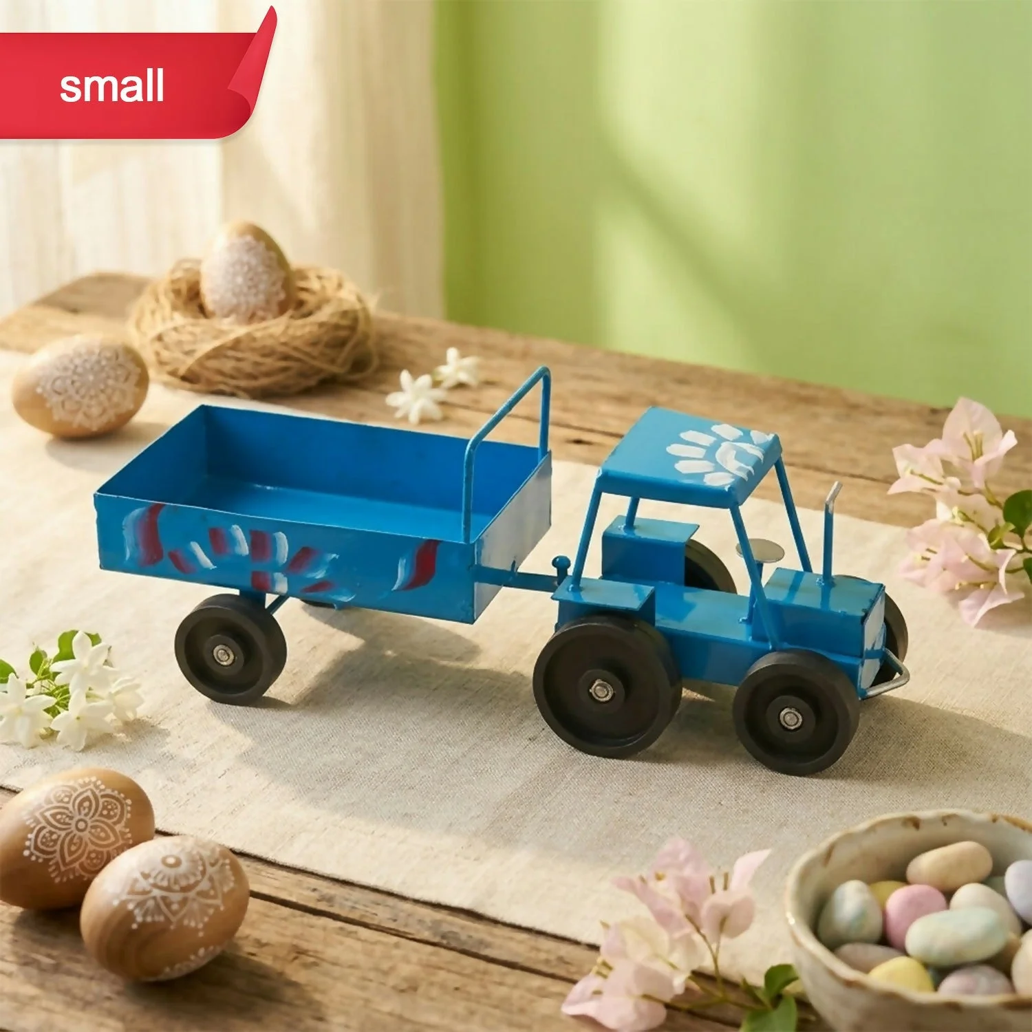 Handcrafted Blue Metal Tractor Toy Small