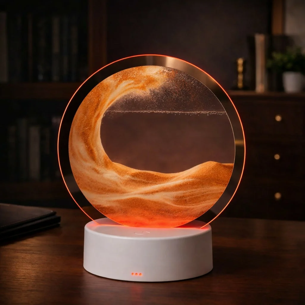 Orange Round Moving Sand Art LED Lamp with Flowing Landscape Design