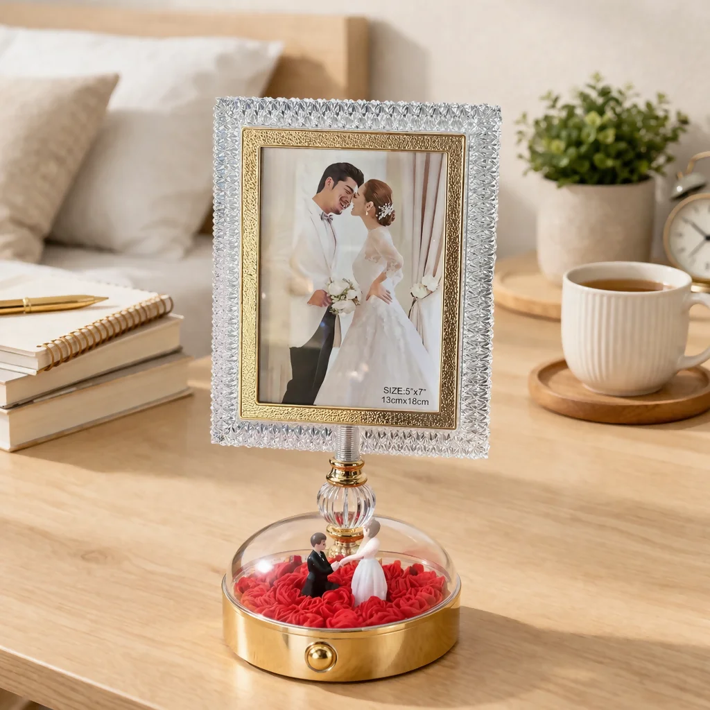 LED Crystal Photo Frame Lamp with Couple Figurine Base Decor