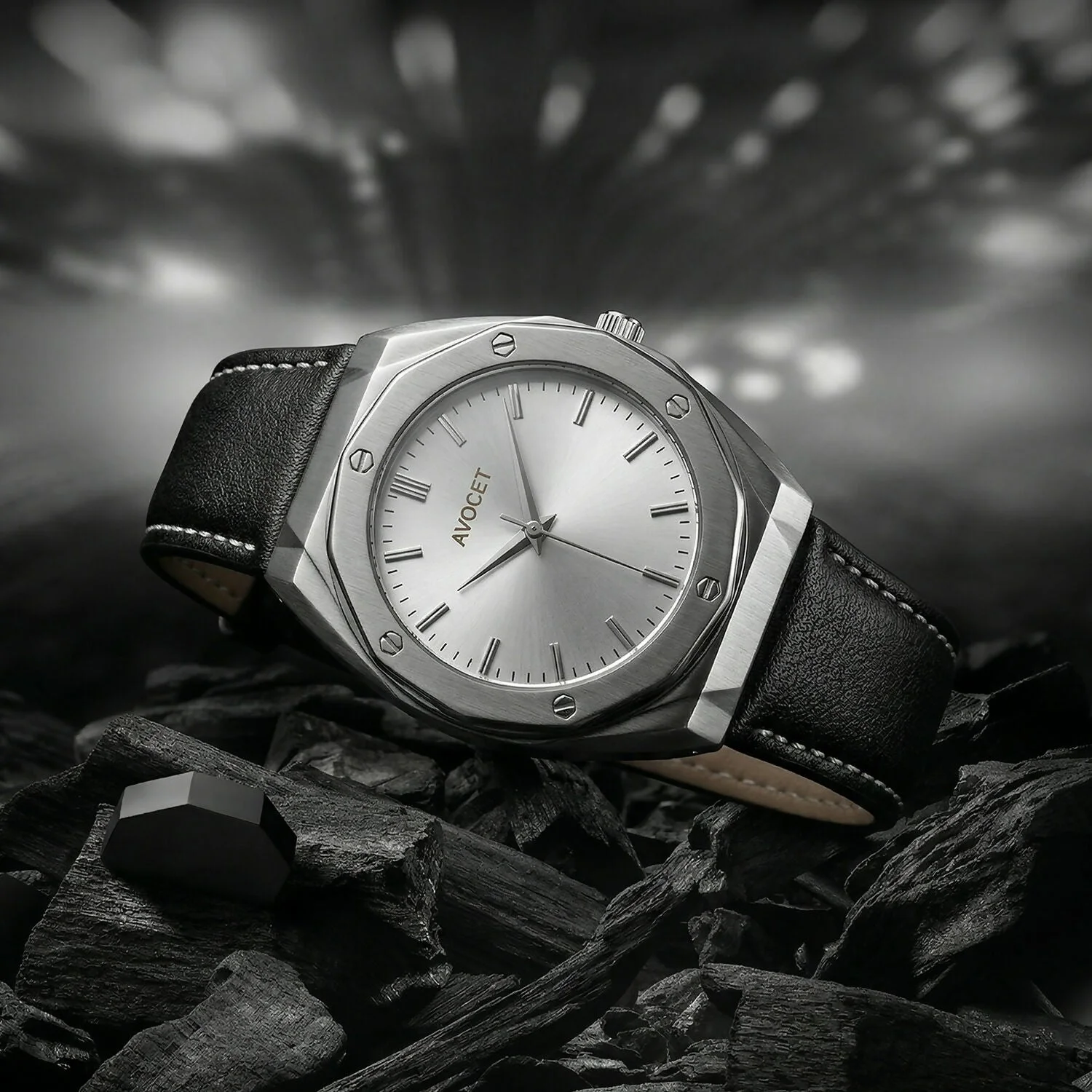 Premium Octagonal Silver Dial Analog Wrist Watch with Leather Strap for Men