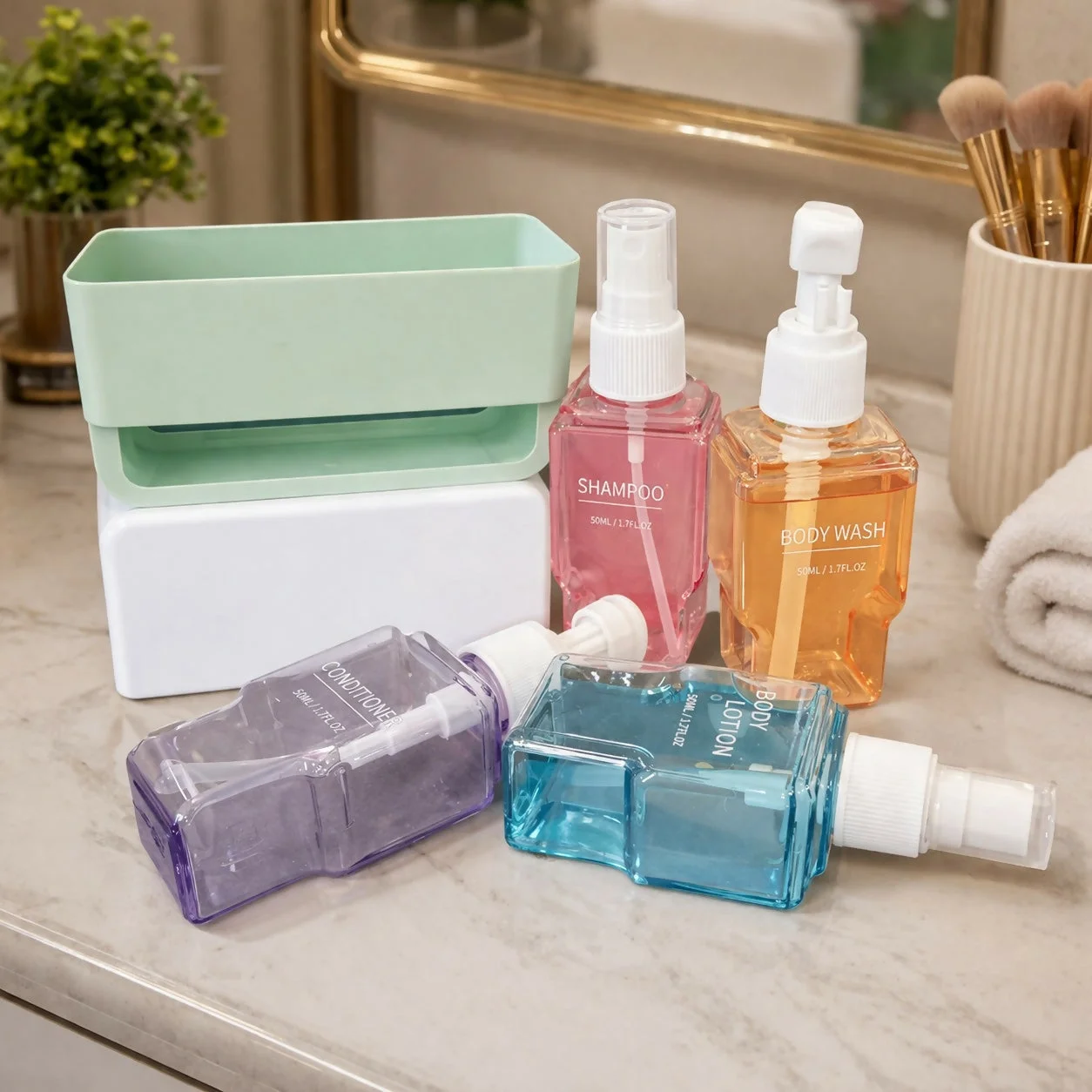 Green Travel Refillable Bottle Set with Storage Case and Dispenser Kit